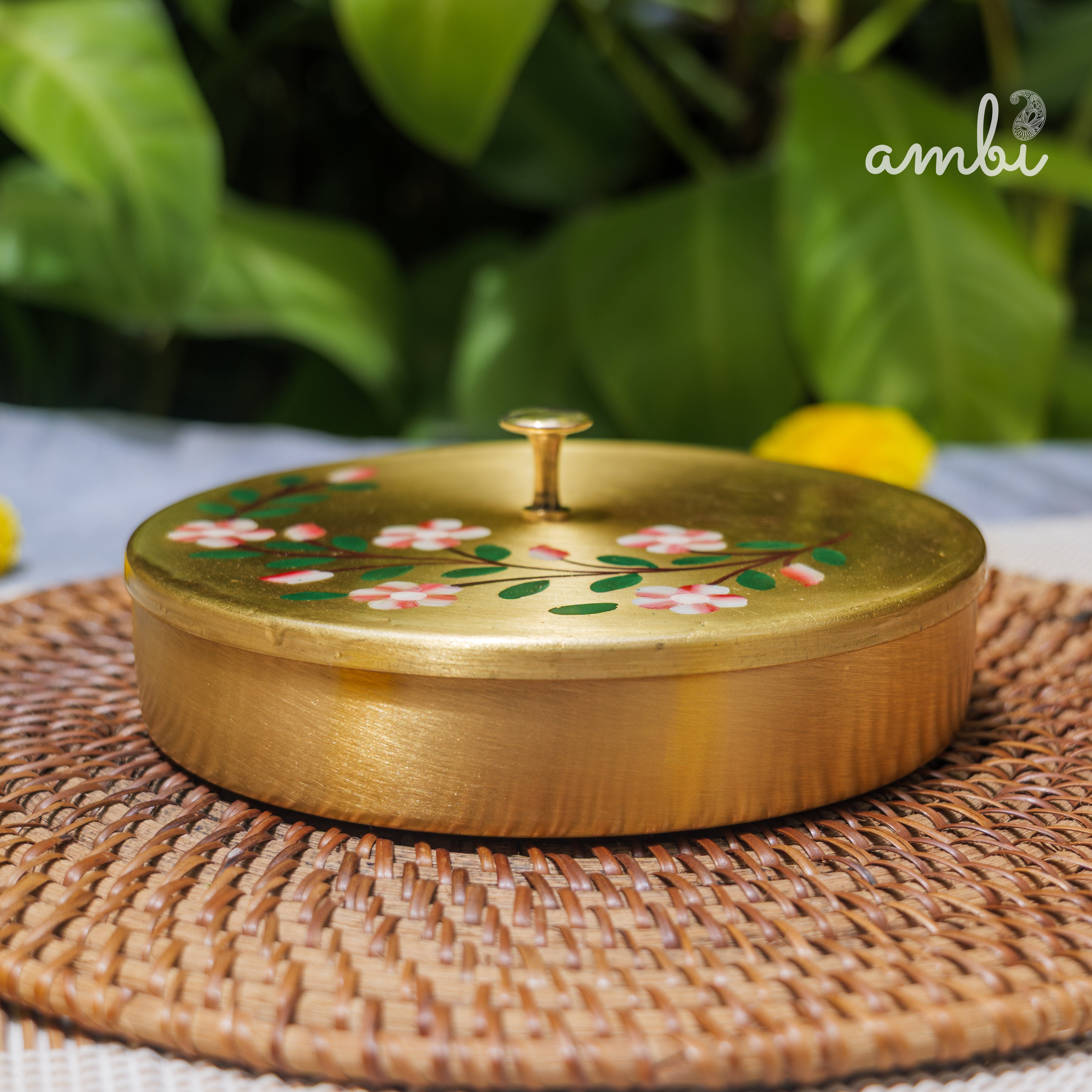 Hand Painted - Pure Brass Floral Storage Box / Cookie Box / Jewellery / Trinket - 6 inches Diameter - Floral Design