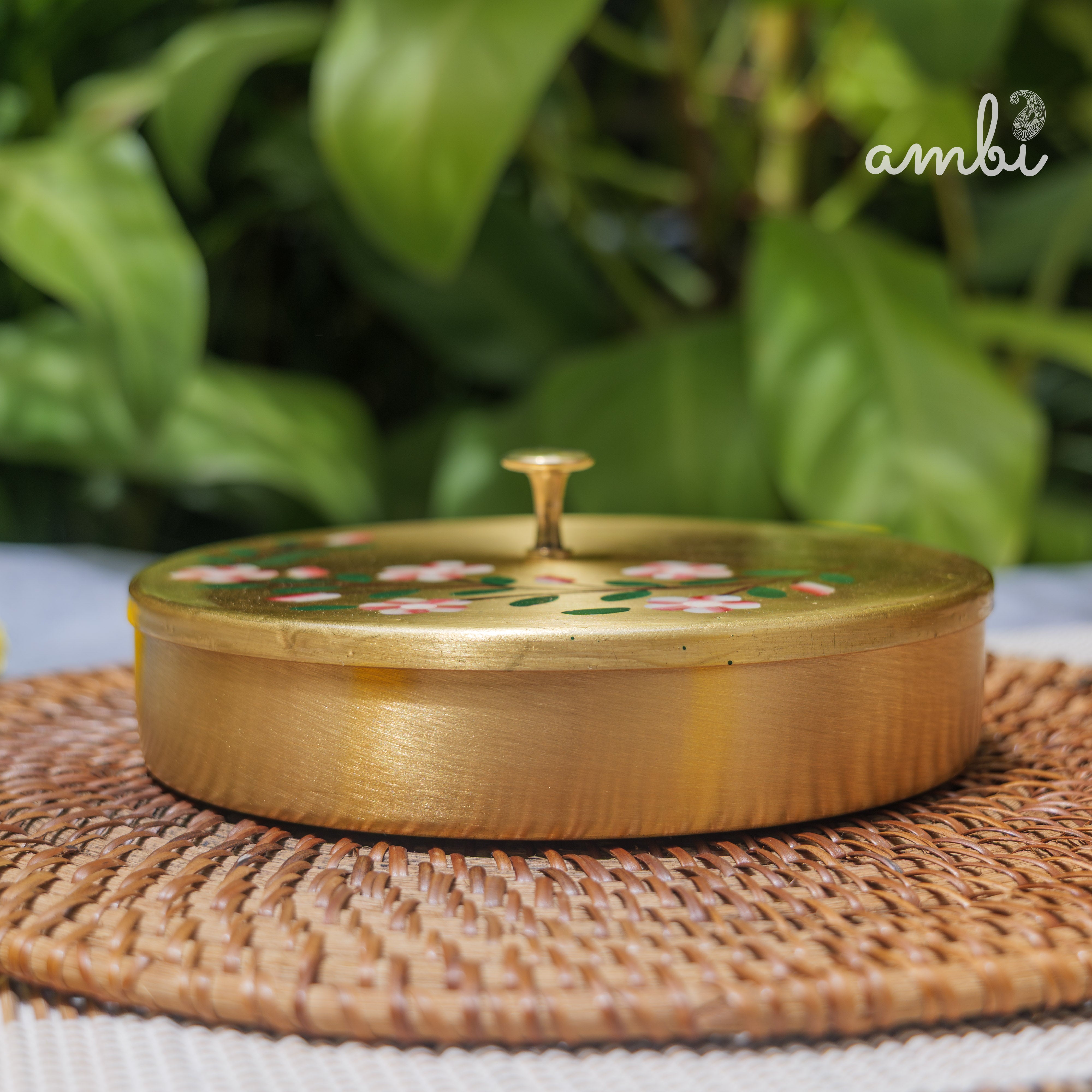 Hand Painted - Pure Brass Floral Storage Box / Cookie Box / Jewellery / Trinket - 6 inches Diameter - Floral Design