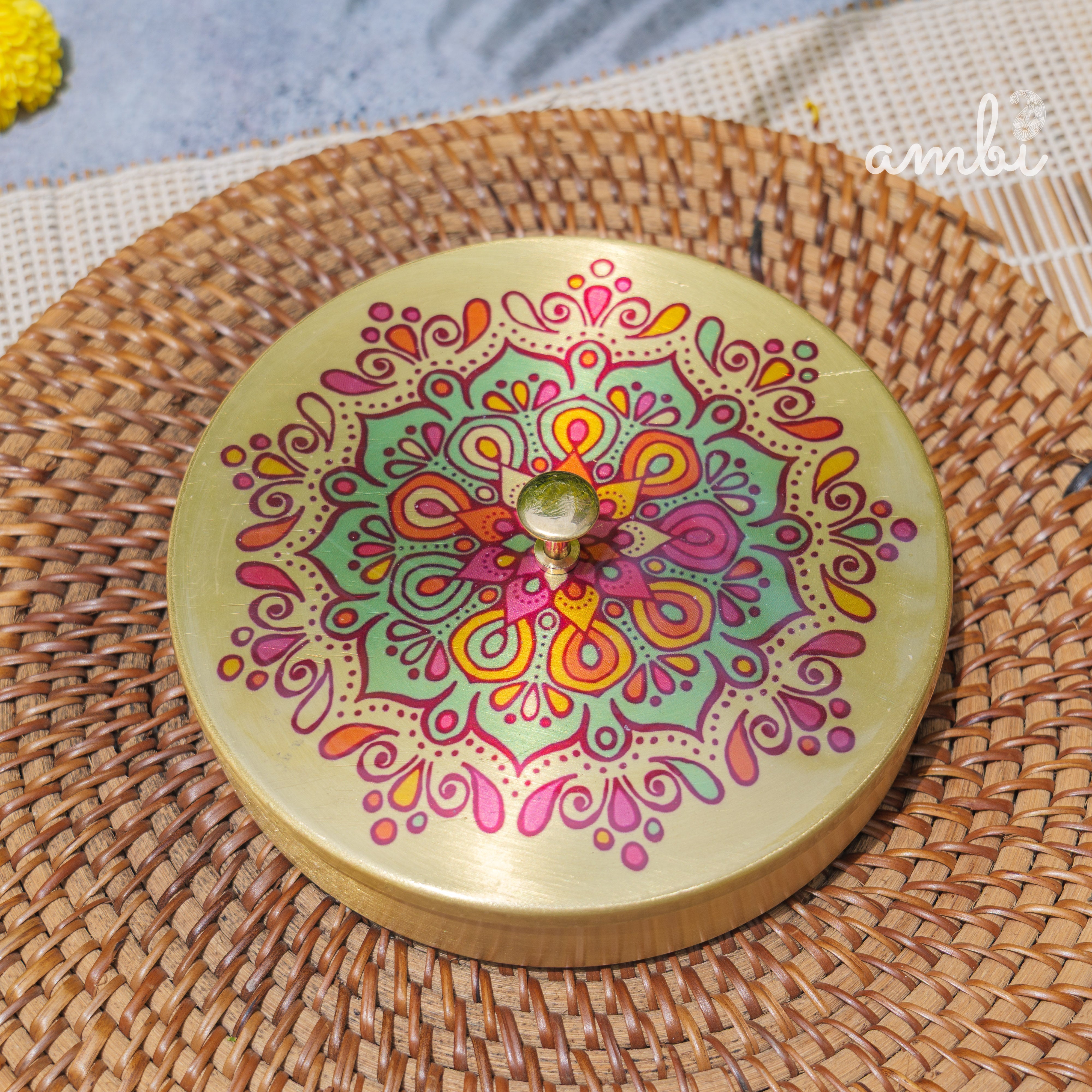 Hand Painted Finish - Pure Brass Floral Storage Box / Cookie Box / Jewellery / Trinket - 6.5 Inches Diameter - Mandala Design