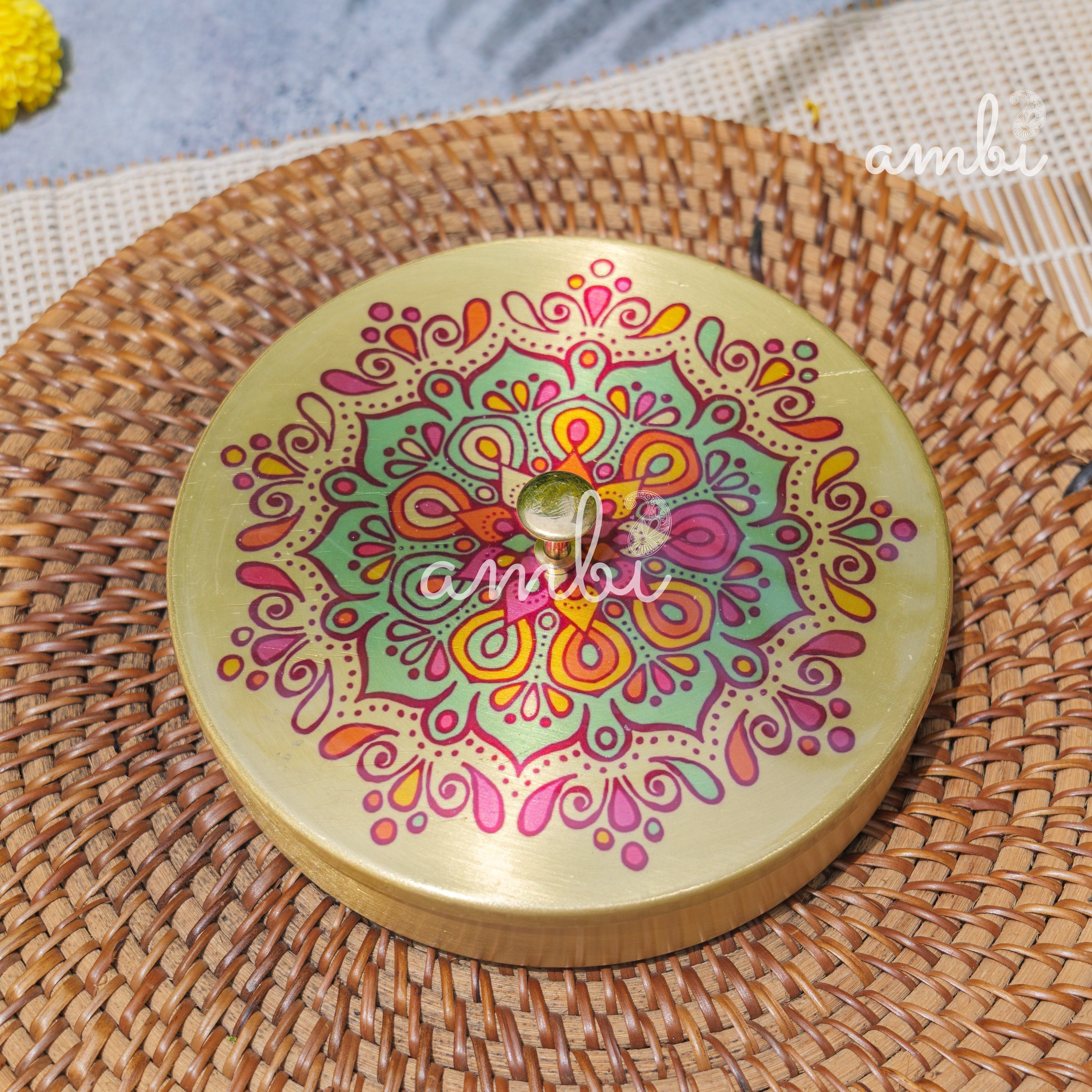 Hand Painted Finish - Pure Brass Floral Storage Box / Cookie Box / Jewellery / Trinket - 6.5 Inches Diameter - Mandala Design