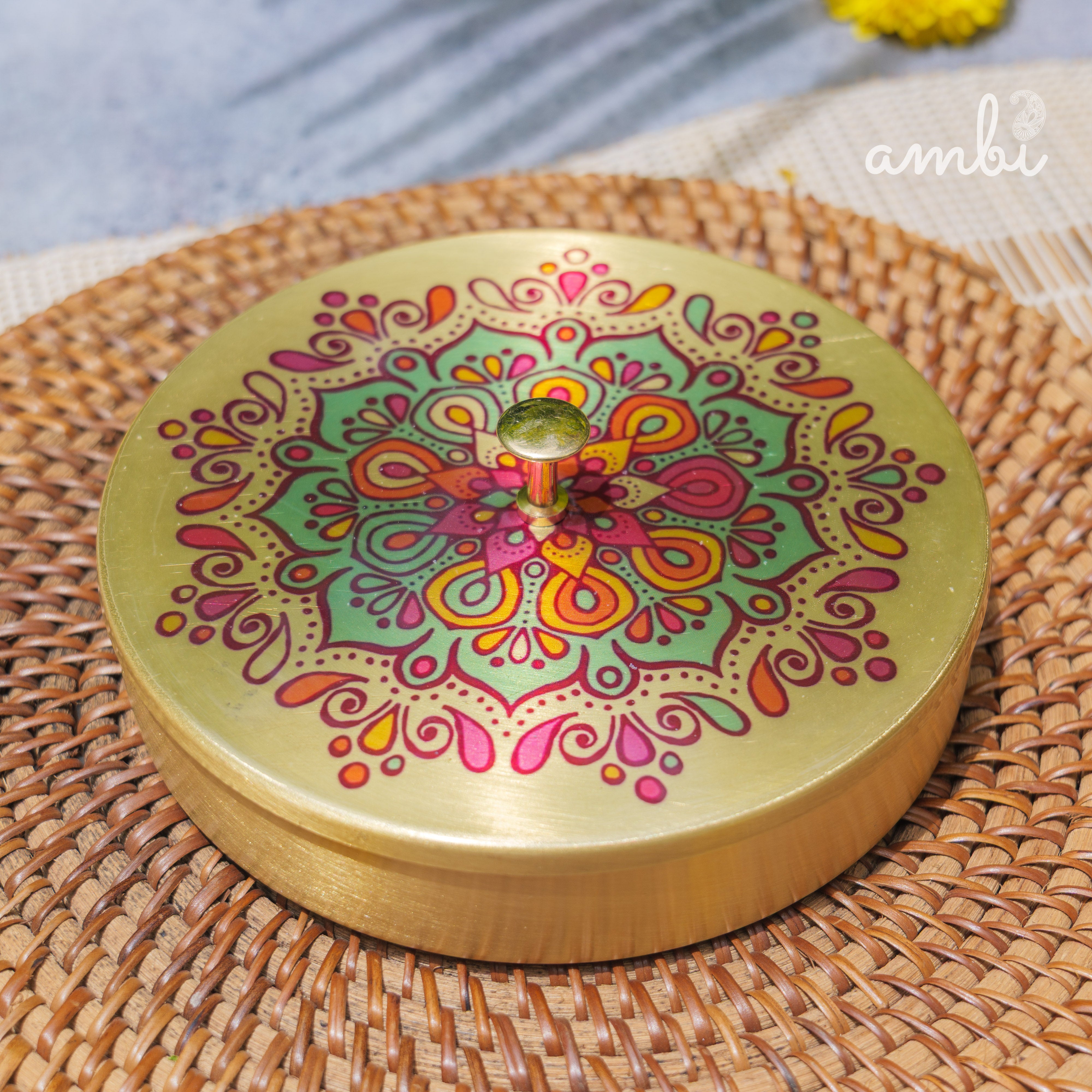 Hand Painted - Pure Brass Floral Storage Box / Cookie Box / Jewellery / Trinket - 6 inches Diameter - Mandala Design