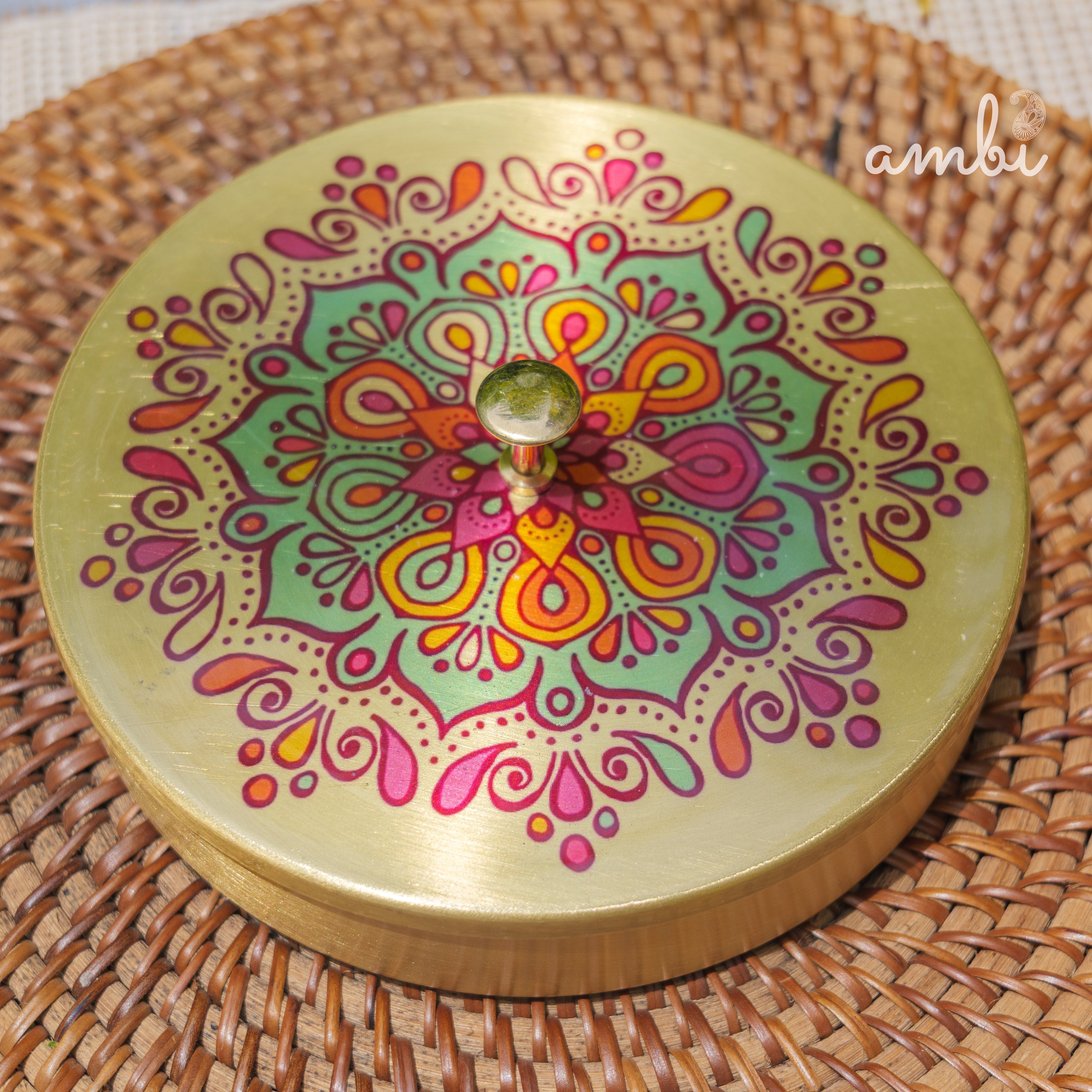 Hand Painted Finish - Pure Brass Floral Storage Box / Cookie Box / Jewellery / Trinket - 6.5 Inches Diameter - Mandala Design