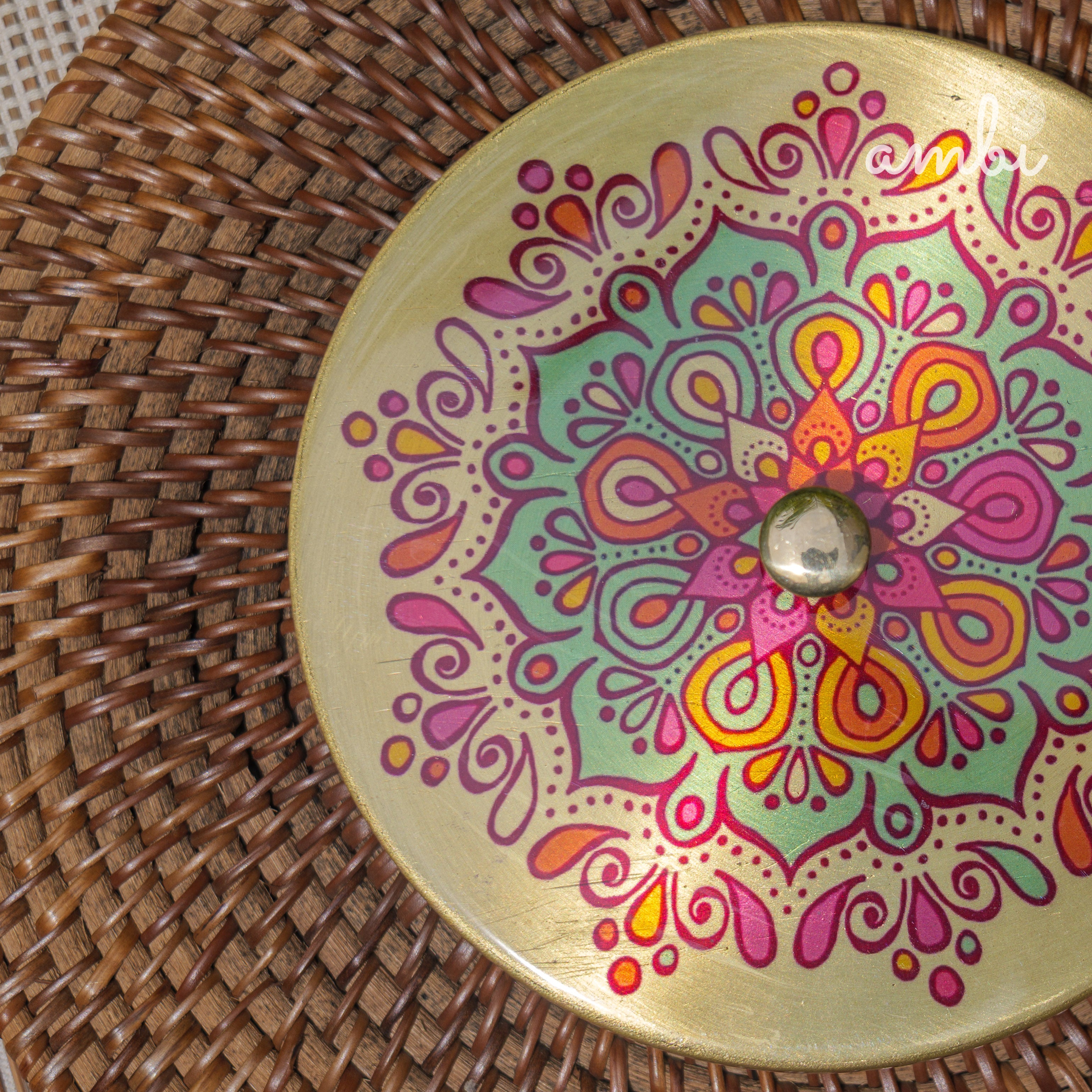 Hand Painted - Pure Brass Floral Storage Box / Cookie Box / Jewellery / Trinket - 6 inches Diameter - Mandala Design