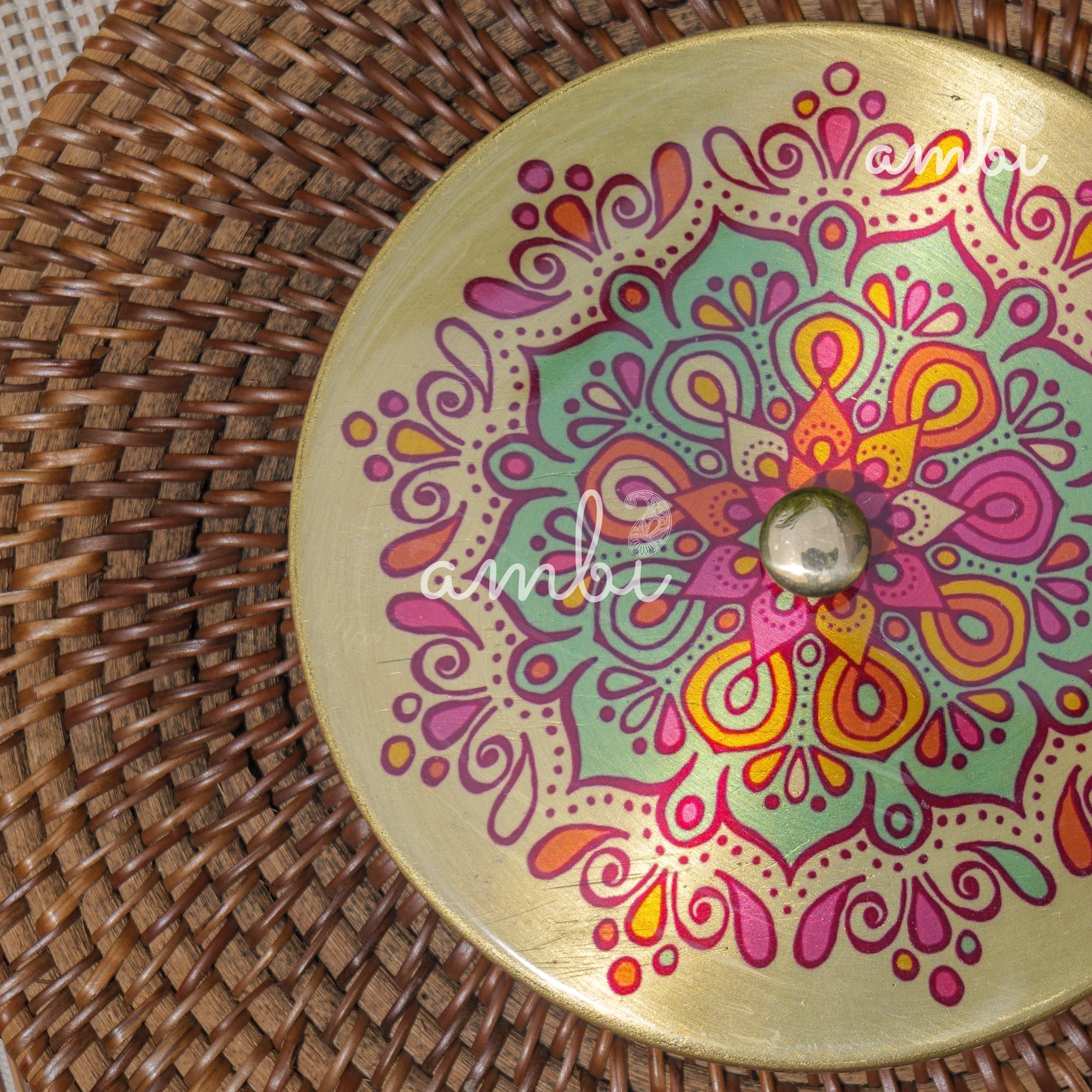 Hand Painted Finish - Pure Brass Floral Storage Box / Cookie Box / Jewellery / Trinket - 6.5 Inches Diameter - Mandala Design
