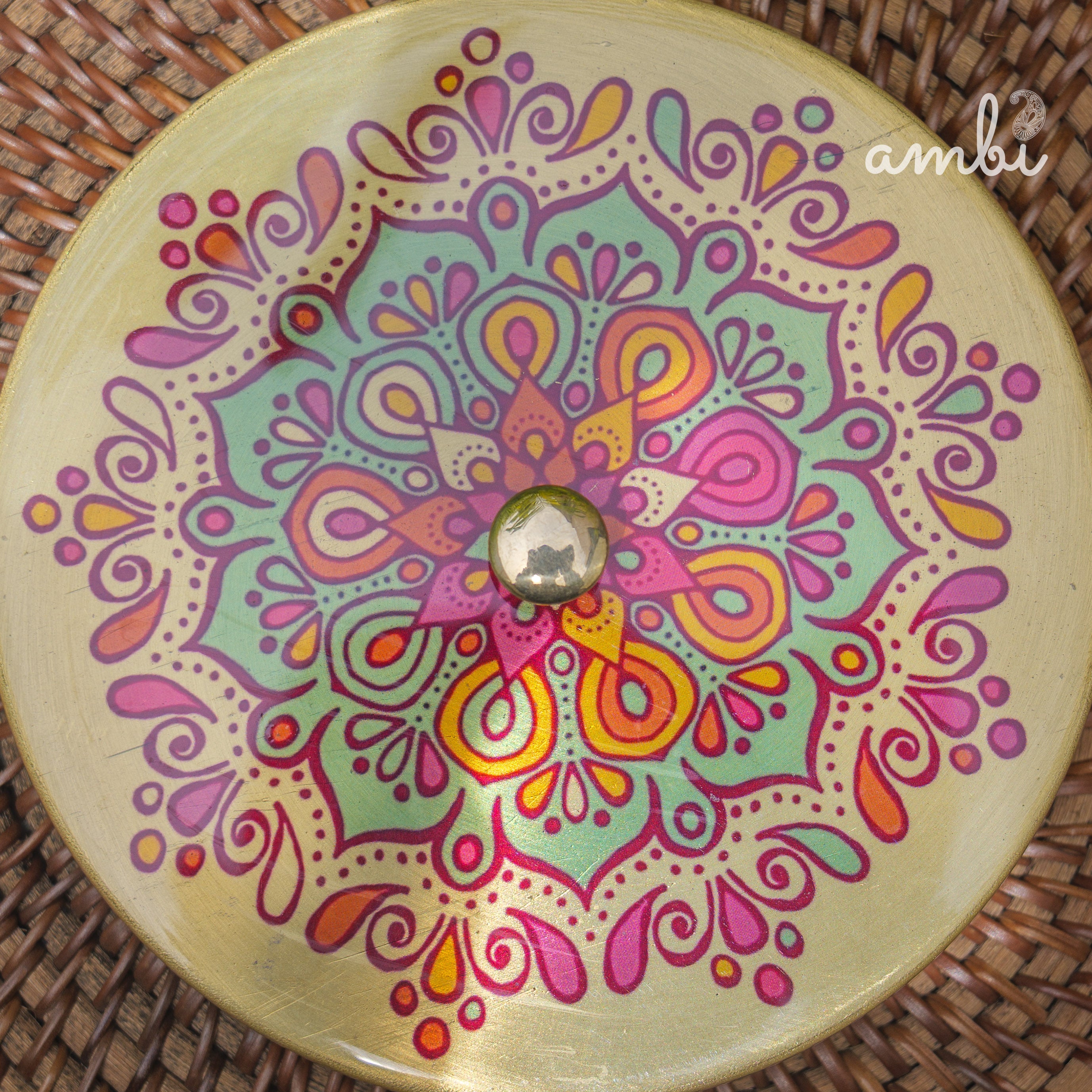 Hand Painted - Pure Brass Floral Storage Box / Cookie Box / Jewellery / Trinket - 6 inches Diameter - Mandala Design
