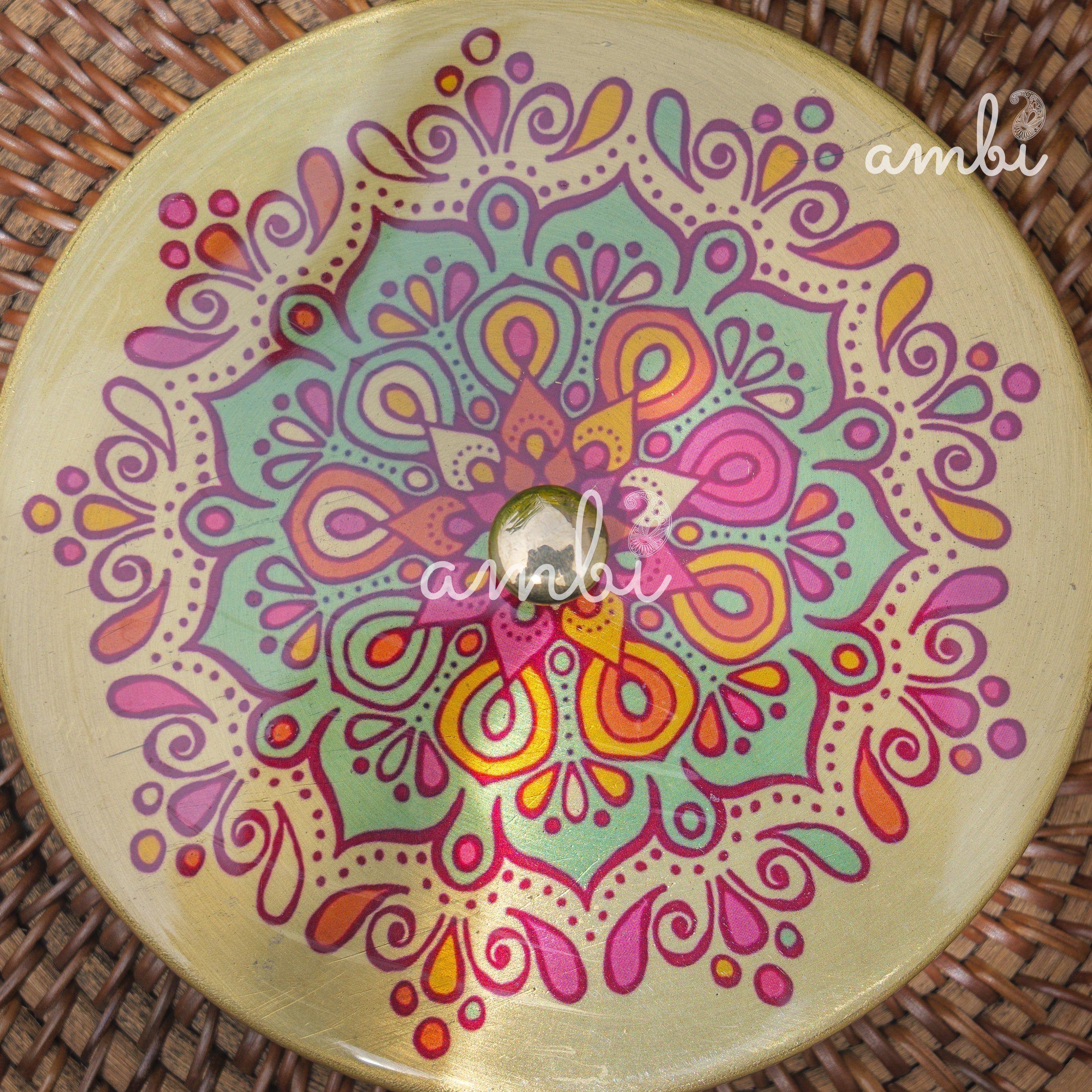 Hand Painted Finish - Pure Brass Floral Storage Box / Cookie Box / Jewellery / Trinket - 6.5 Inches Diameter - Mandala Design