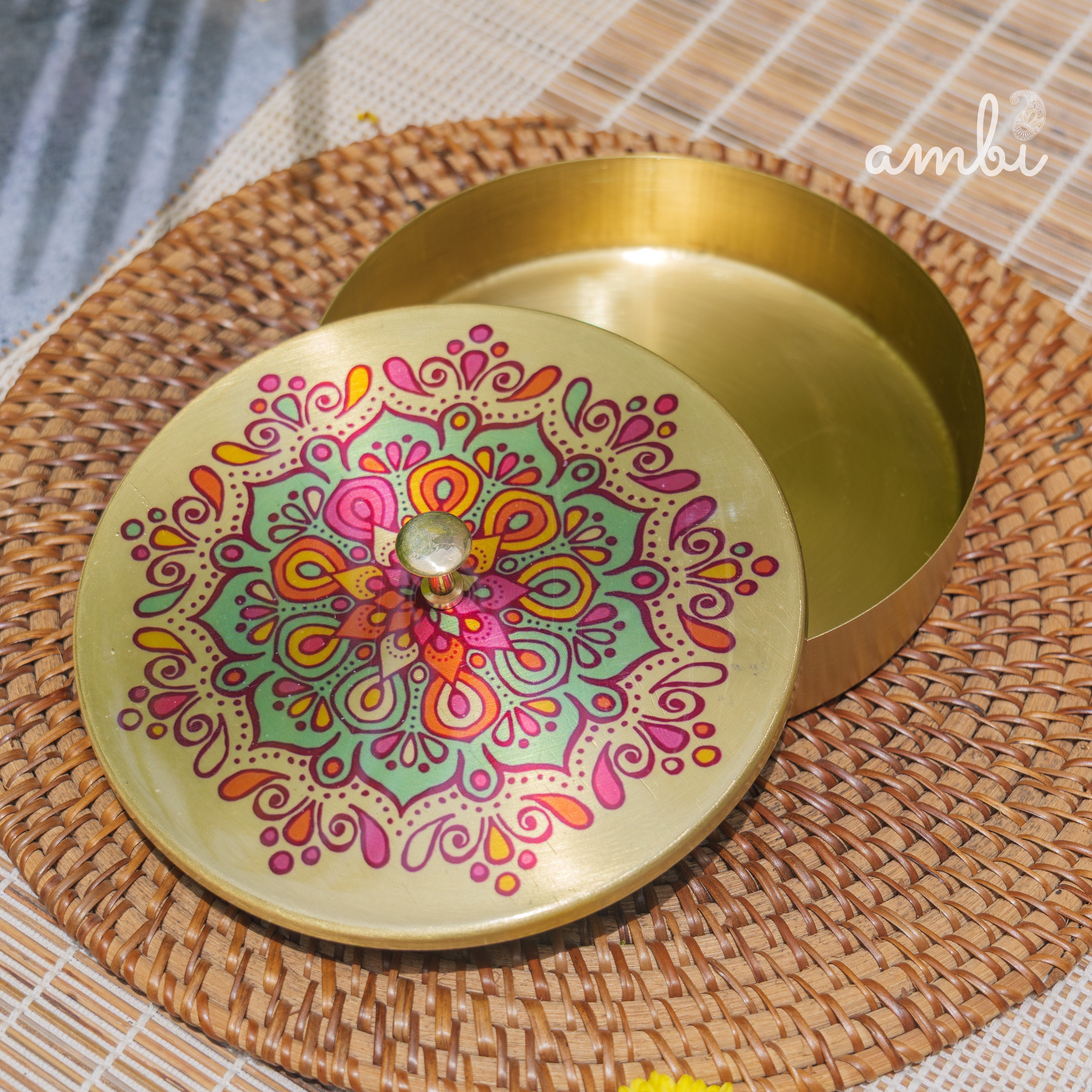 Hand Painted Finish - Pure Brass Floral Storage Box / Cookie Box / Jewellery / Trinket - 6.5 Inches Diameter - Mandala Design