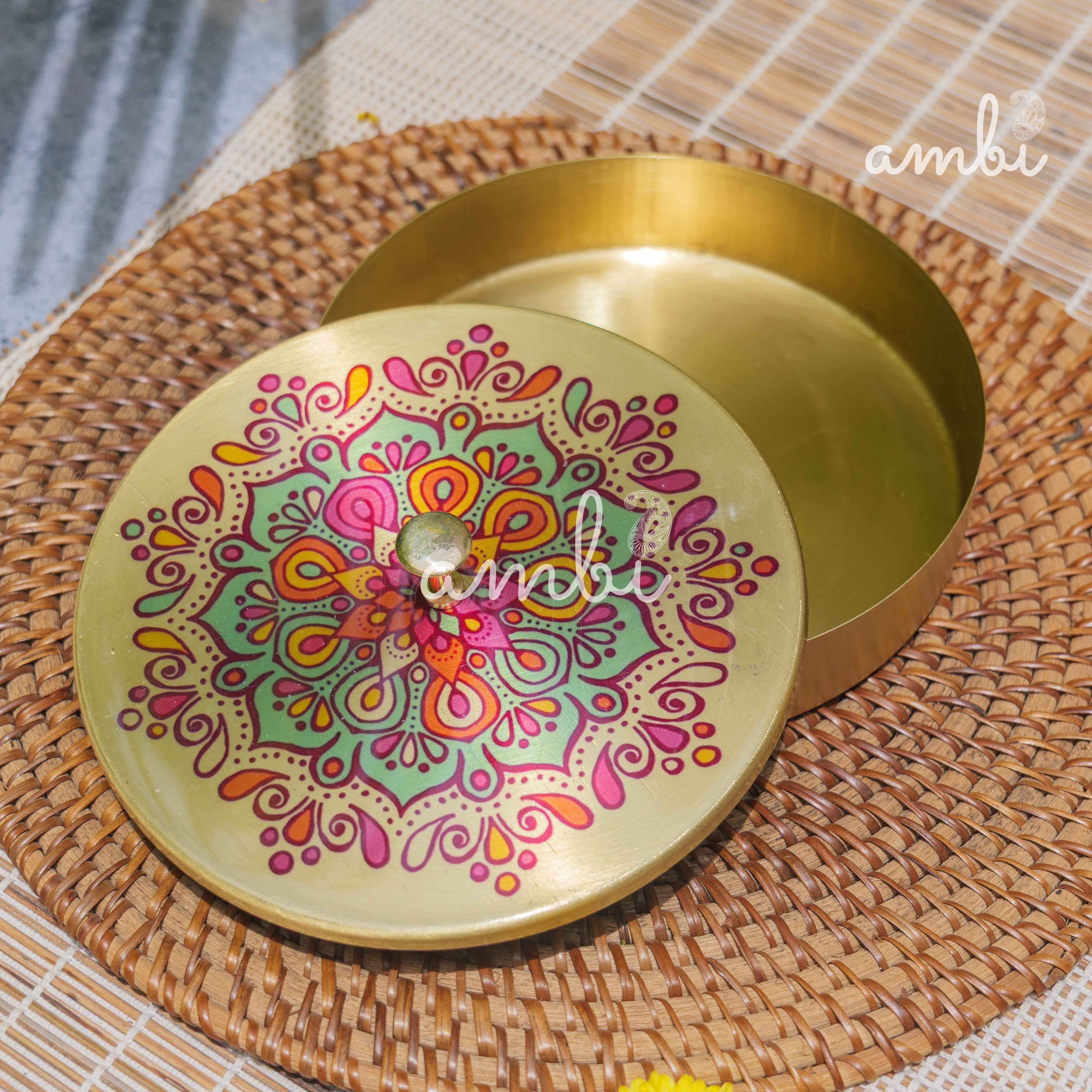 Hand Painted Finish - Pure Brass Floral Storage Box / Cookie Box / Jewellery / Trinket - 6.5 Inches Diameter - Mandala Design