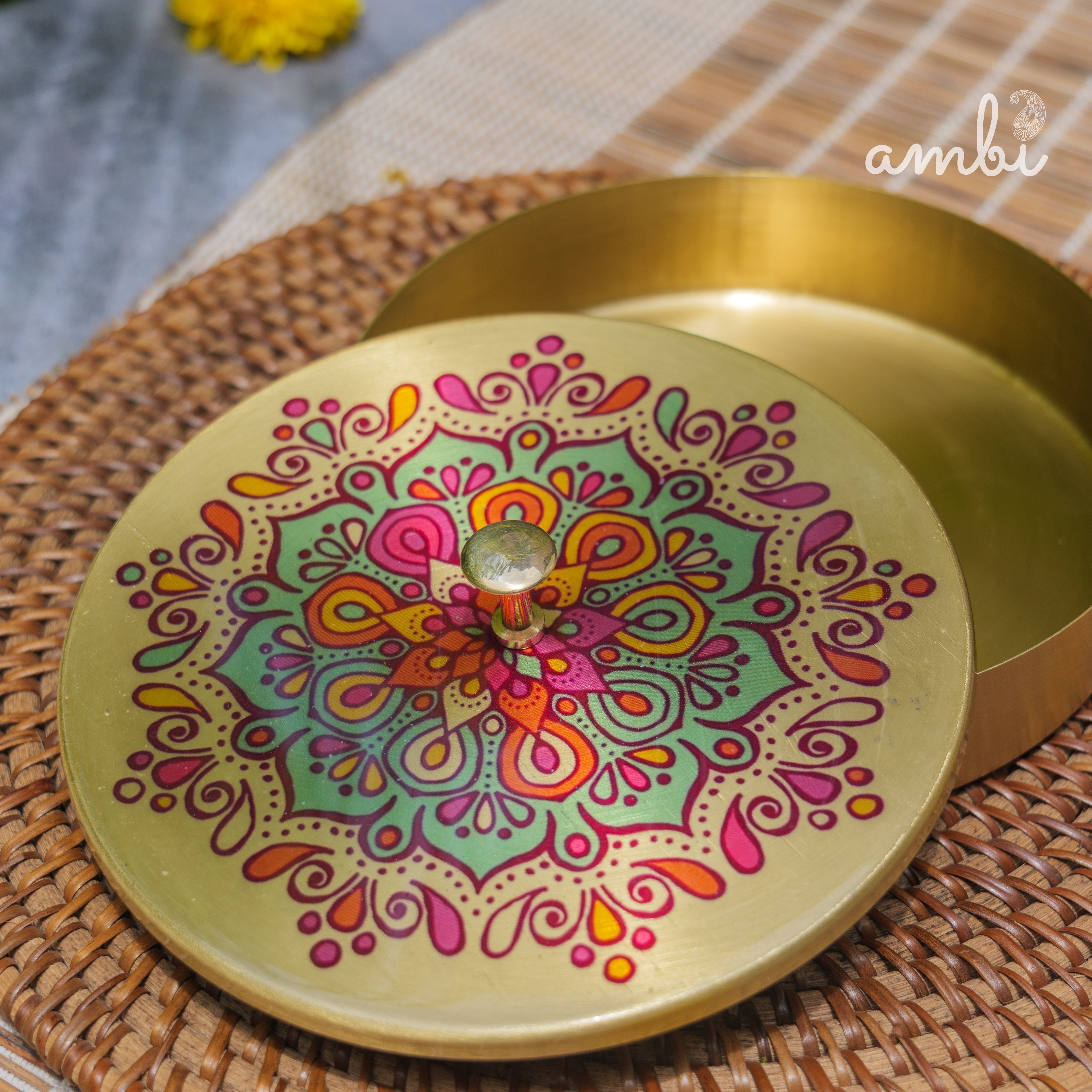 Hand Painted Finish - Pure Brass Floral Storage Box / Cookie Box / Jewellery / Trinket - 6.5 Inches Diameter - Mandala Design