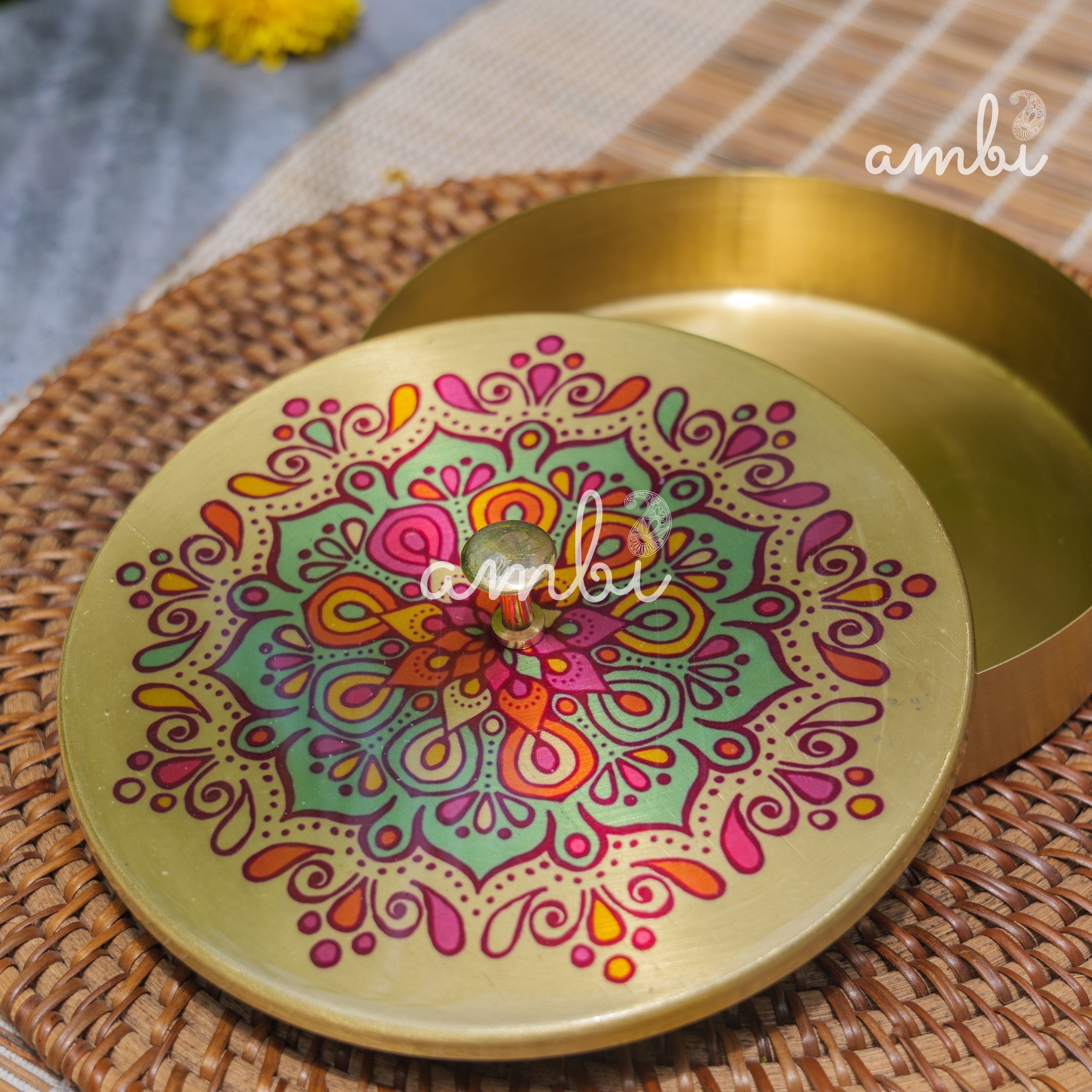 Hand Painted Finish - Pure Brass Floral Storage Box / Cookie Box / Jewellery / Trinket - 6.5 Inches Diameter - Mandala Design