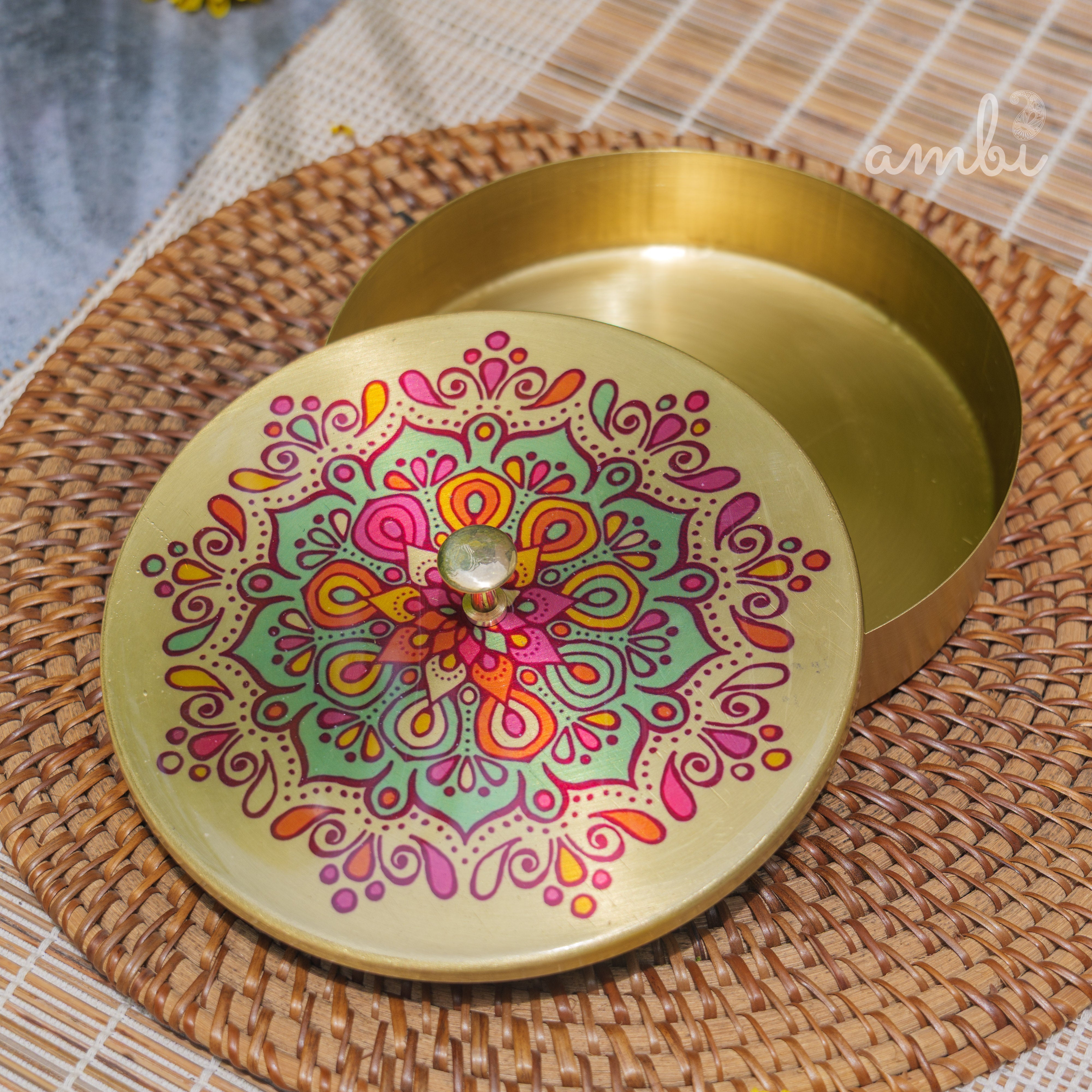 Ambi Gift of Sweetness : 1 Pure Brass Floral Hand-Painted Finish Box - 6.5 Inch