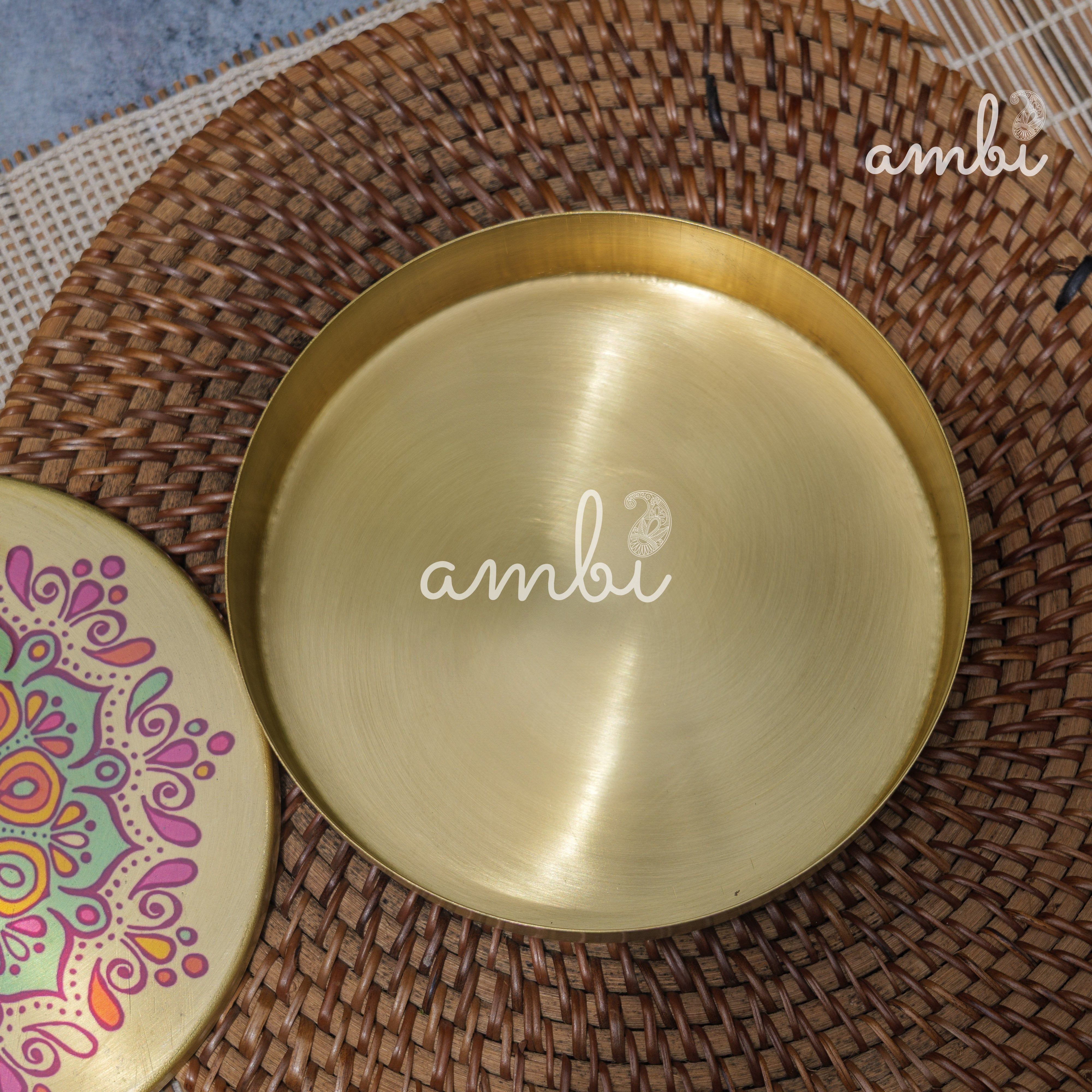 Hand Painted Finish - Pure Brass Floral Storage Box / Cookie Box / Jewellery / Trinket - 6.5 Inches Diameter - Mandala Design