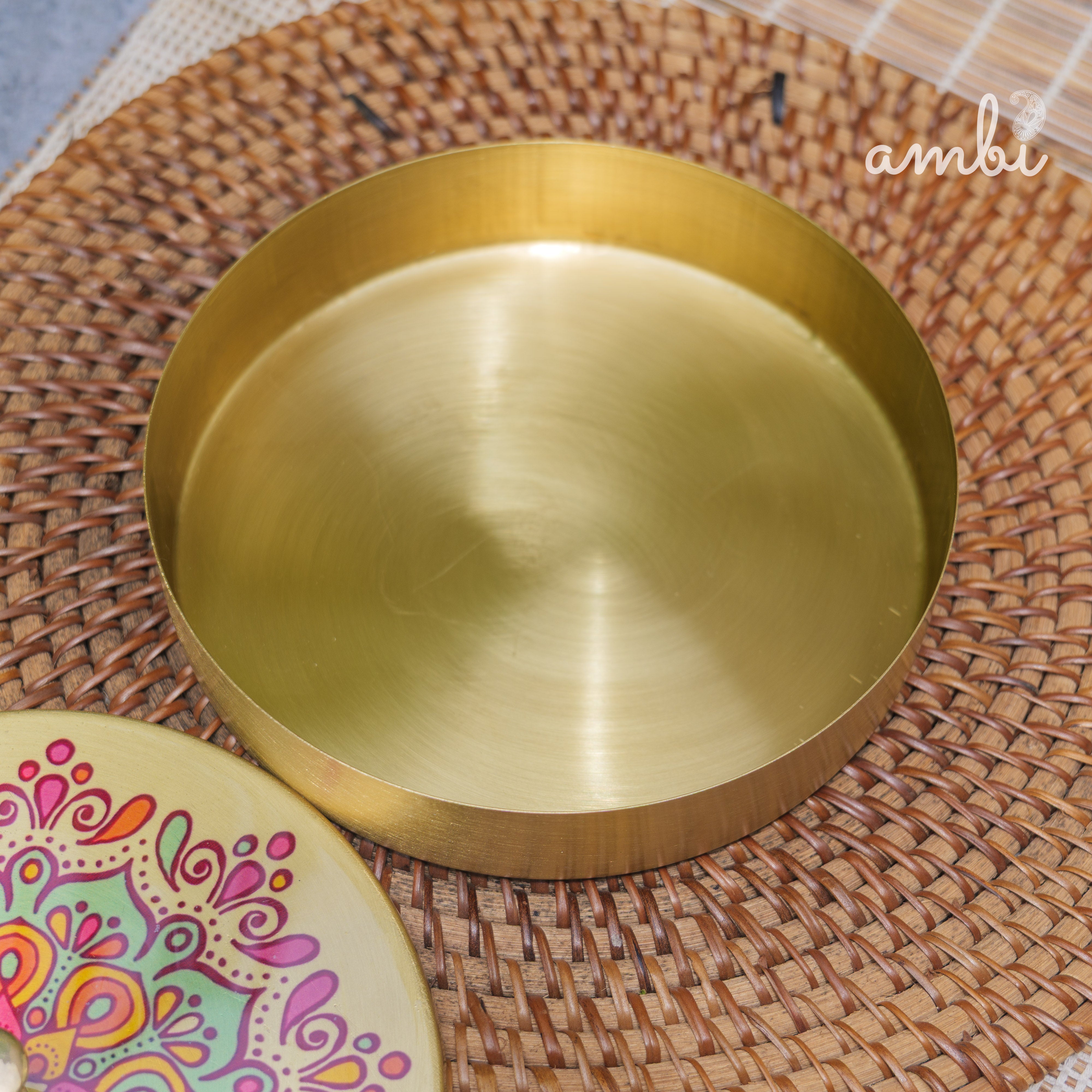 Hand Painted - Pure Brass Floral Storage Box / Cookie Box / Jewellery / Trinket - 6 inches Diameter - Mandala Design