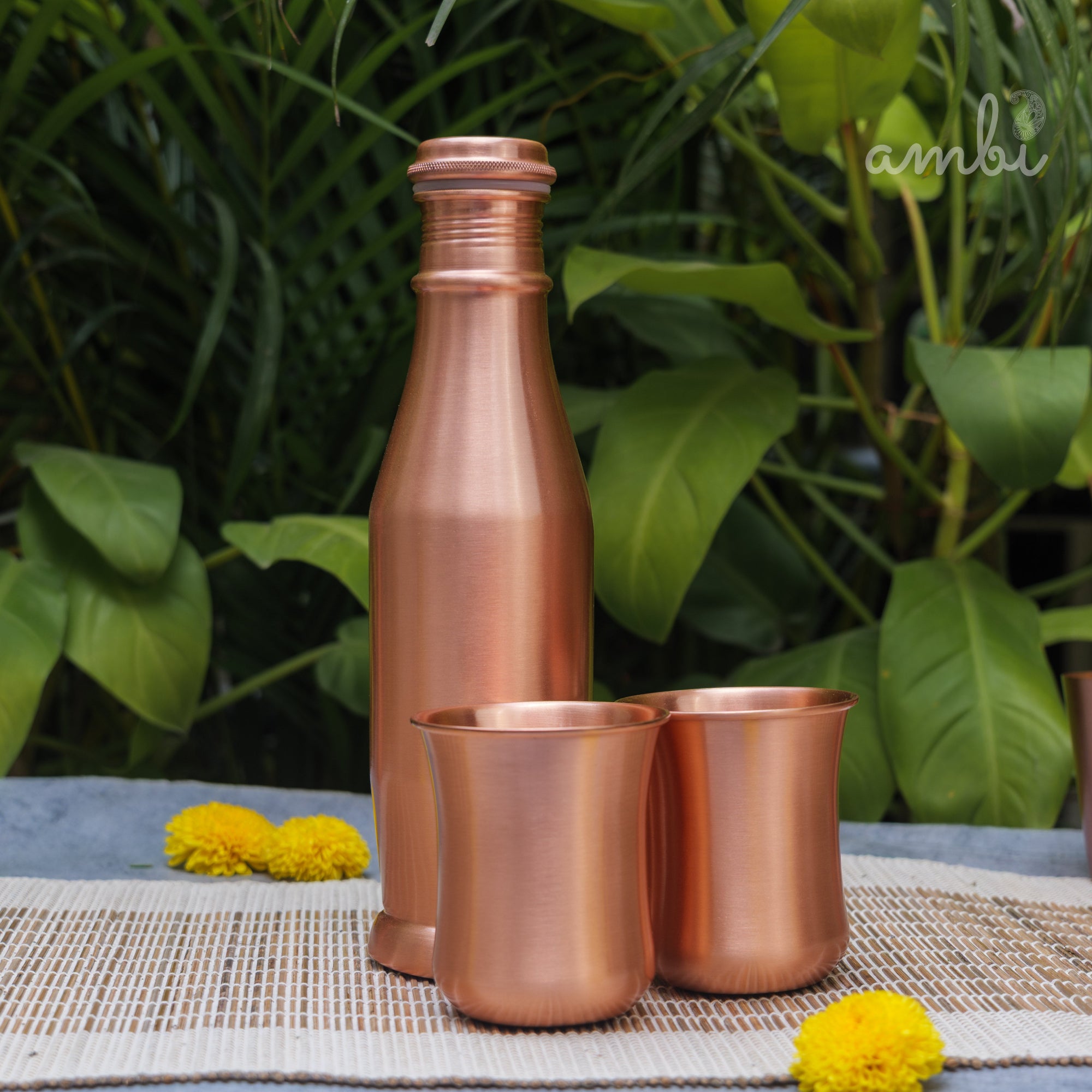 Ambi Pure Copper Bottle & Glass Set – Traditional Elegance (1 Bottle + 2 Glasses)