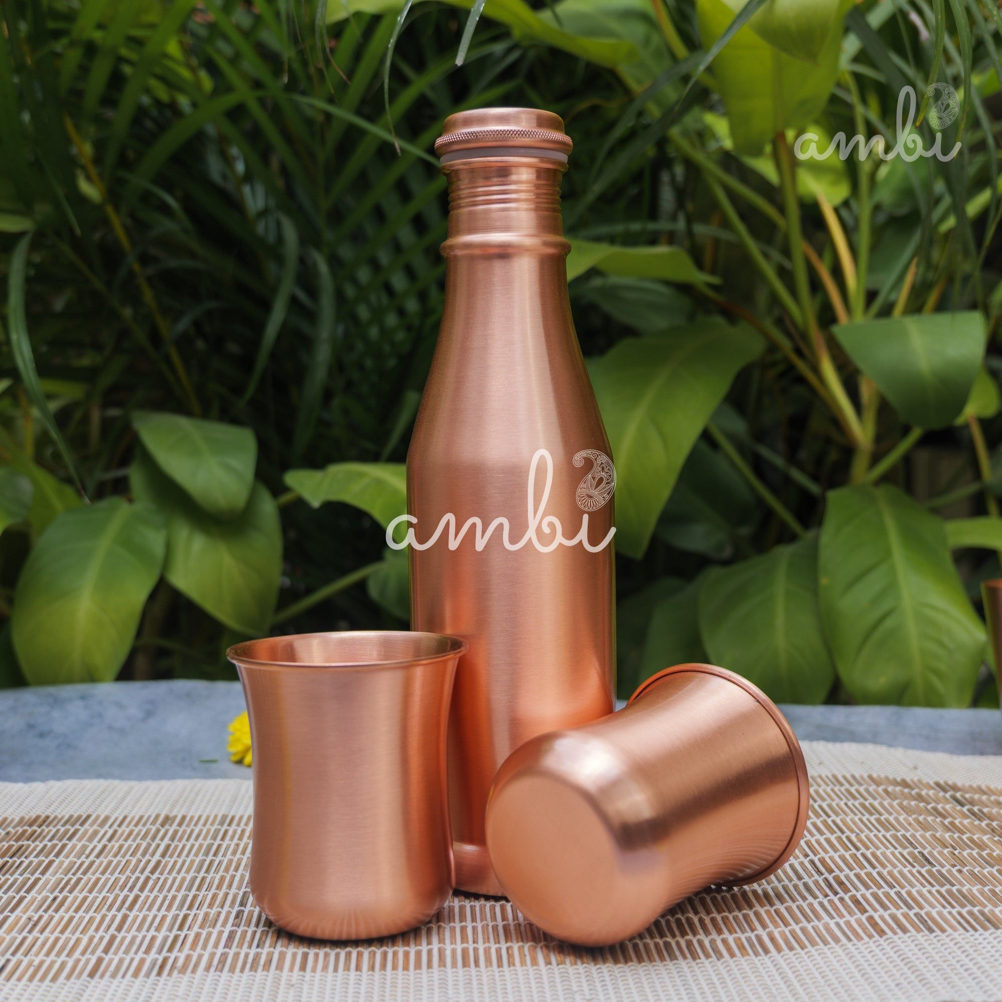 Ambi Pure Copper Bottle & Glass Set – Traditional Elegance (1 Bottle + 2 Glasses)