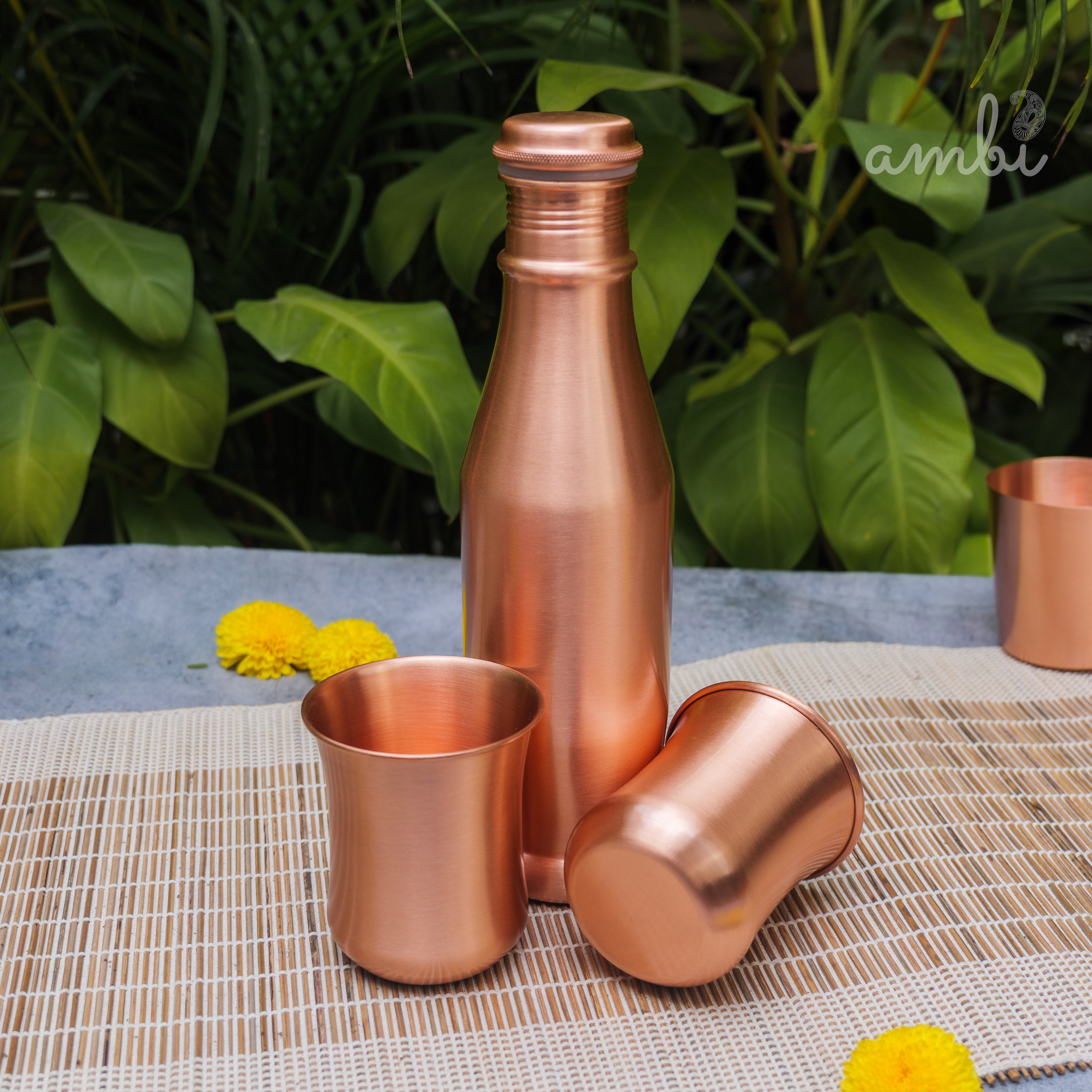 Ambi Pure Copper Bottle & Glass Set – Traditional Elegance (1 Bottle + 2 Glasses)