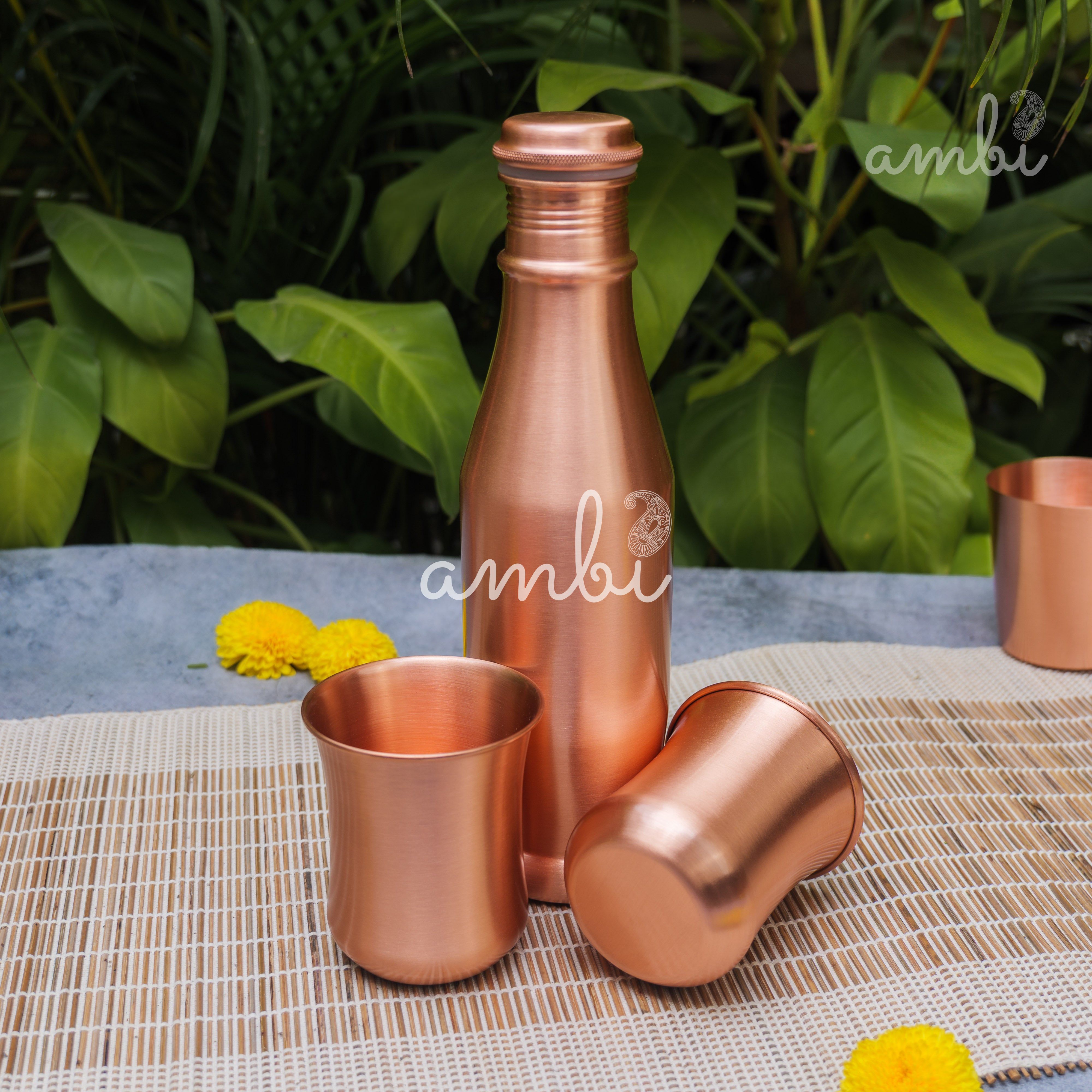 Ambi Pure Copper Bottle & Glass Set – Traditional Elegance (1 Bottle + 2 Glasses)