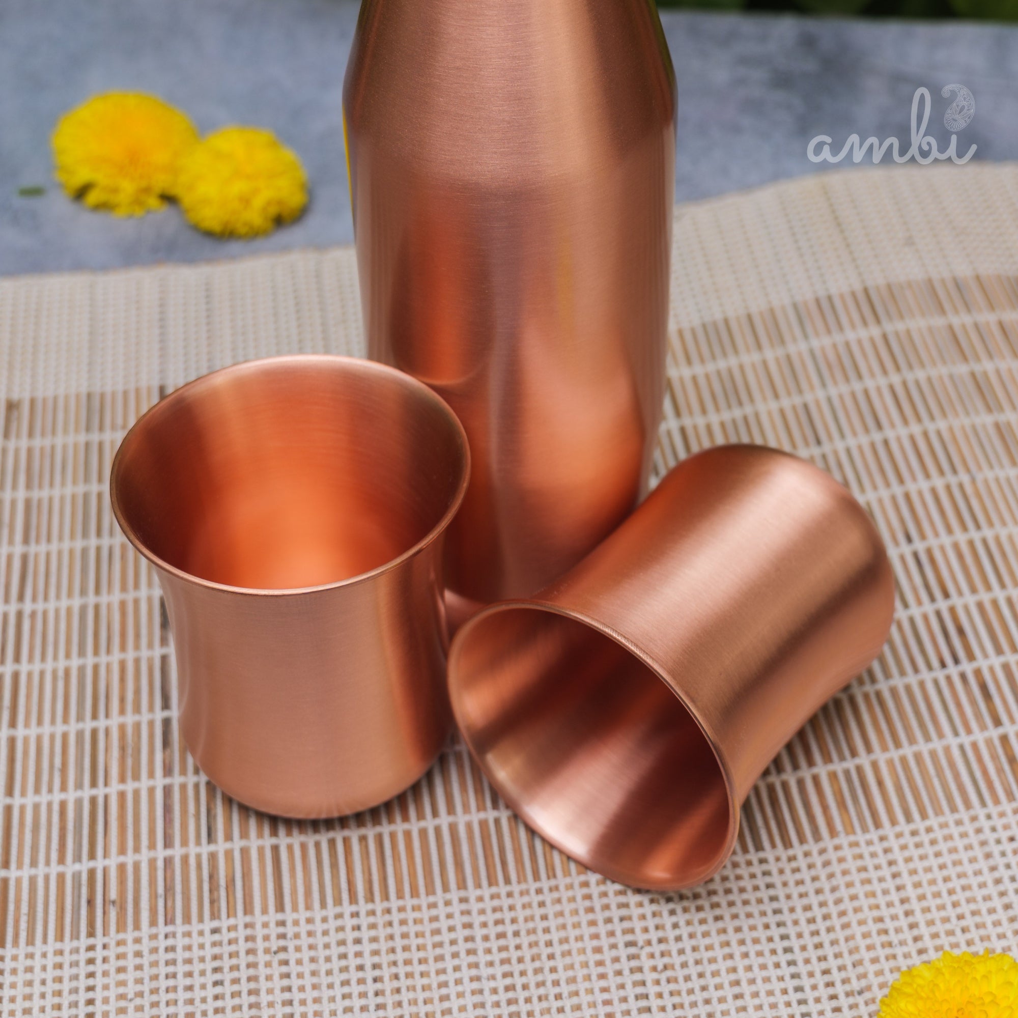 Ambi Pure Copper Bottle & Glass Set – Traditional Elegance (1 Bottle + 2 Glasses)