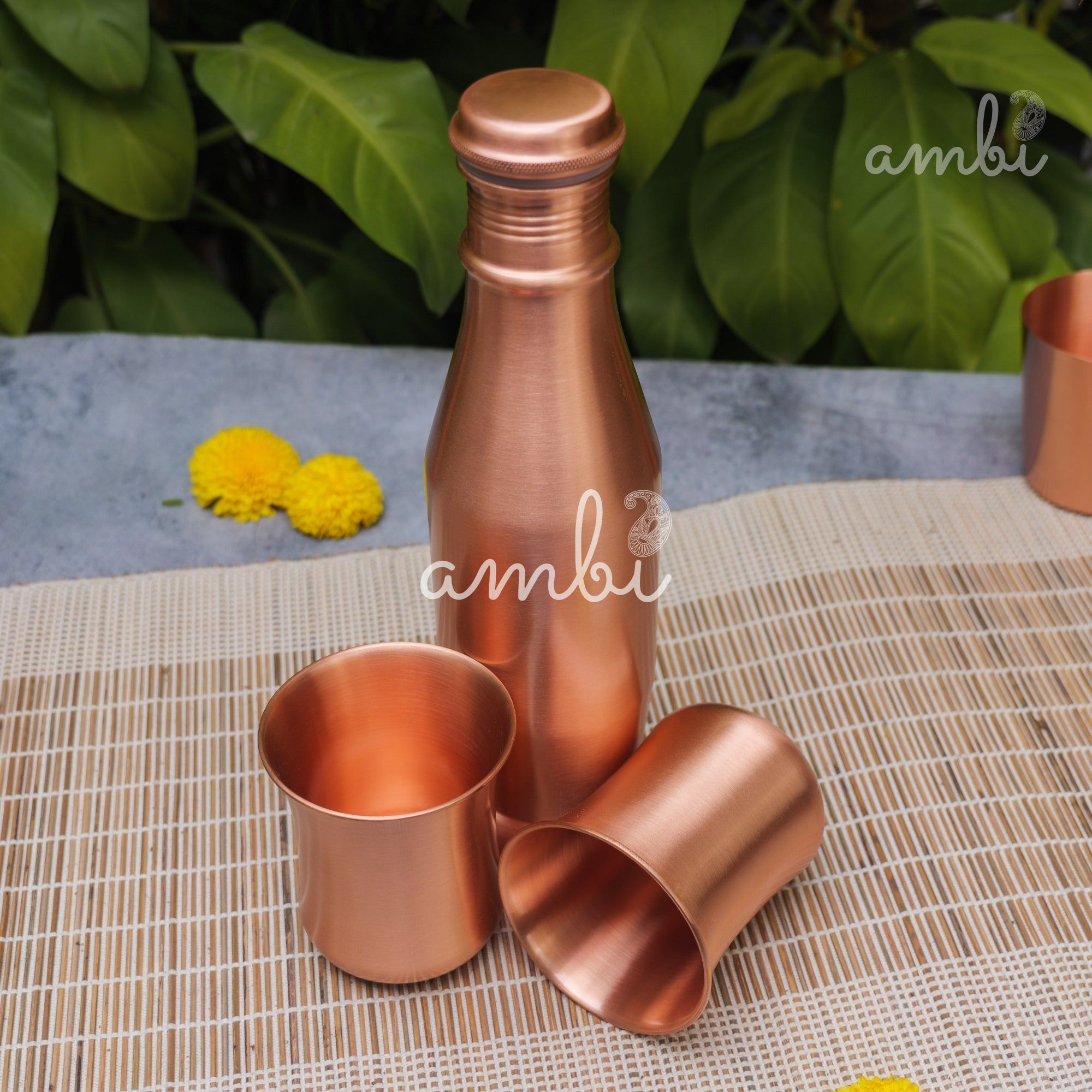 Ambi Pure Copper Bottle & Glass Set – Traditional Elegance (1 Bottle + 2 Glasses)