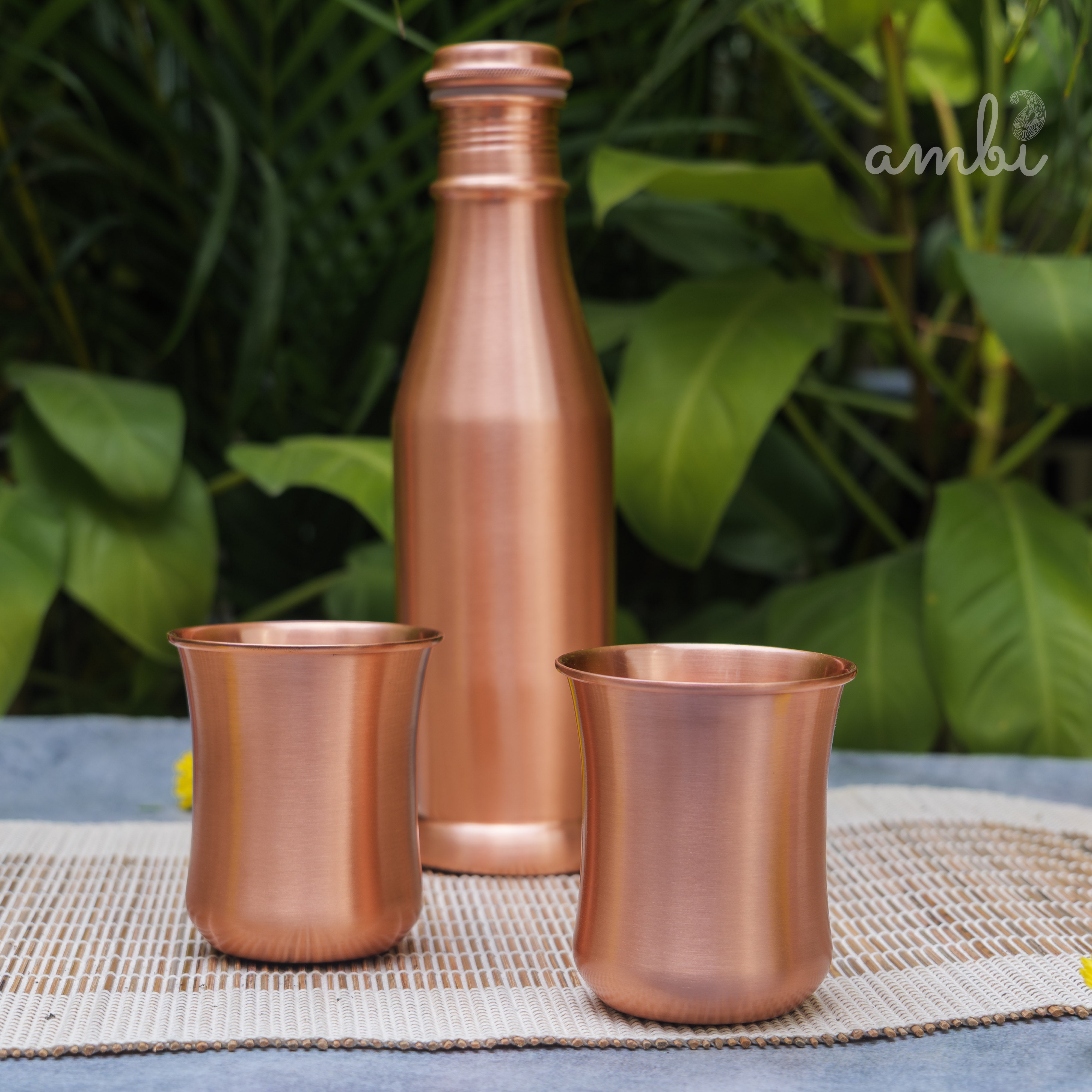 Ambi Pure Copper Bottle & Glass Set – Traditional Elegance (1 Bottle + 2 Glasses)