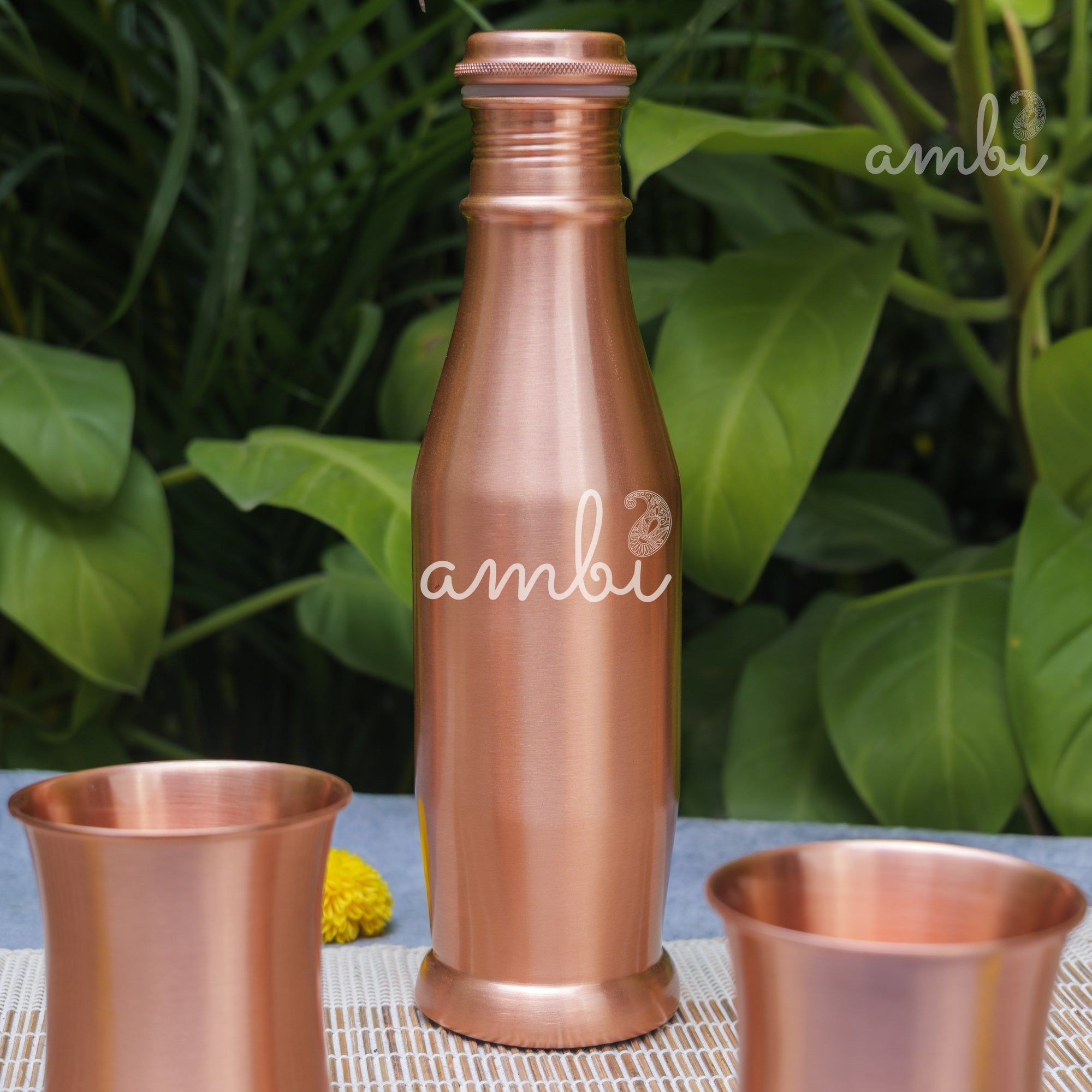 Ambi Pure Copper Bottle & Glass Set – Traditional Elegance (1 Bottle + 2 Glasses)