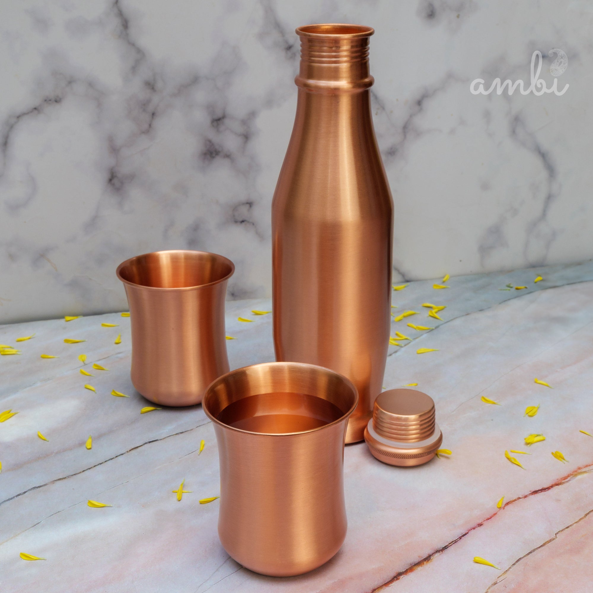 Ambi Pure Copper Bottle & Glass Set – Traditional Elegance (1 Bottle + 2 Glasses)