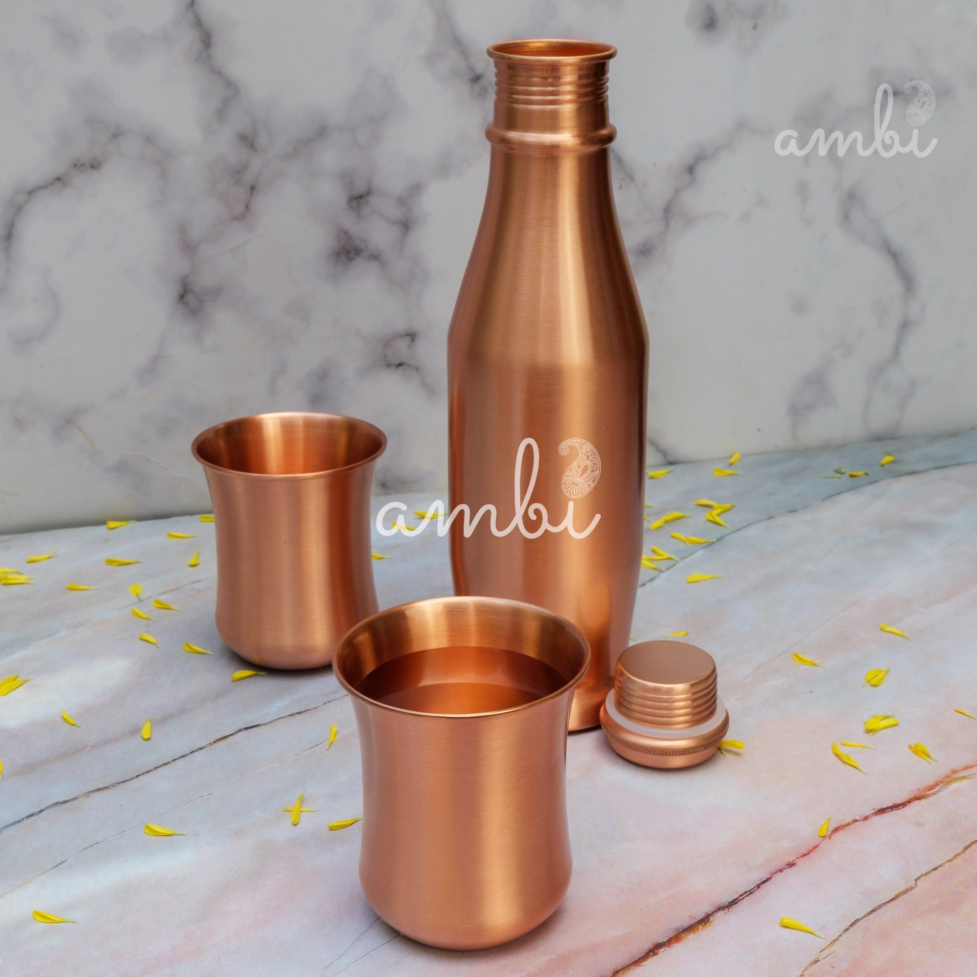 Ambi Pure Copper Bottle & Glass Set – Traditional Elegance (1 Bottle + 2 Glasses)