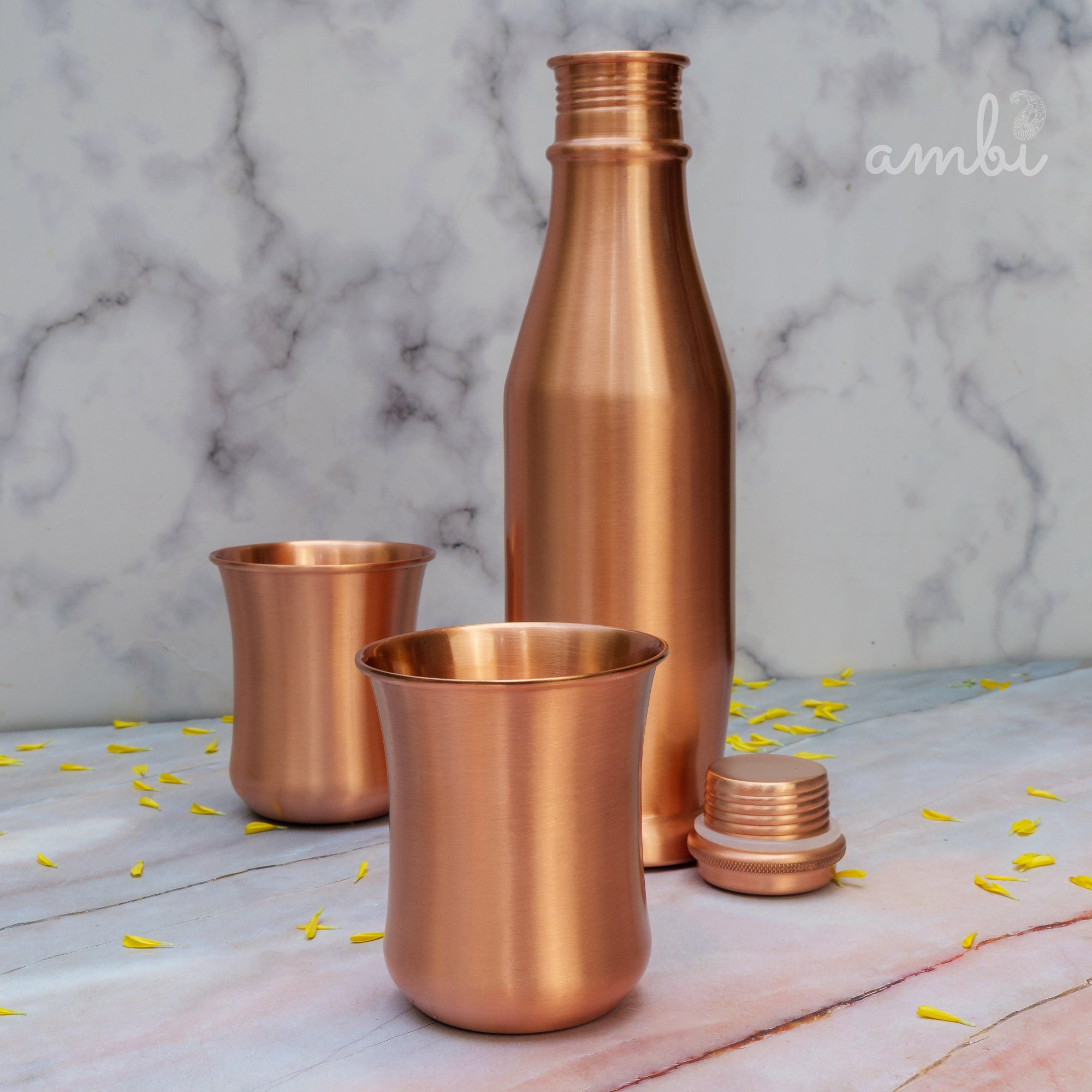 Ambi Pure Copper Bottle & Glass Set – Traditional Elegance (1 Bottle + 2 Glasses)