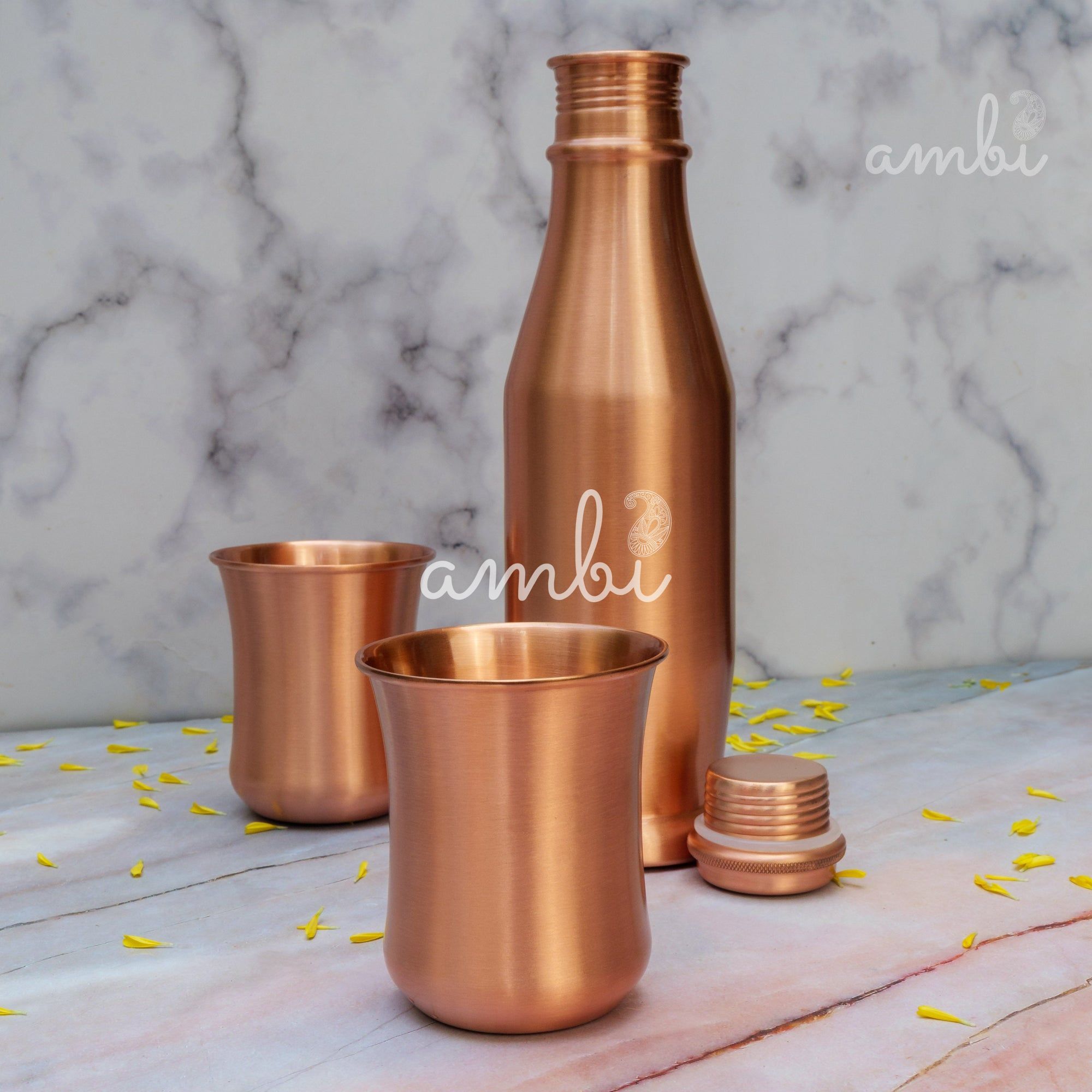 Ambi Pure Copper Bottle & Glass Set – Traditional Elegance (1 Bottle + 2 Glasses)