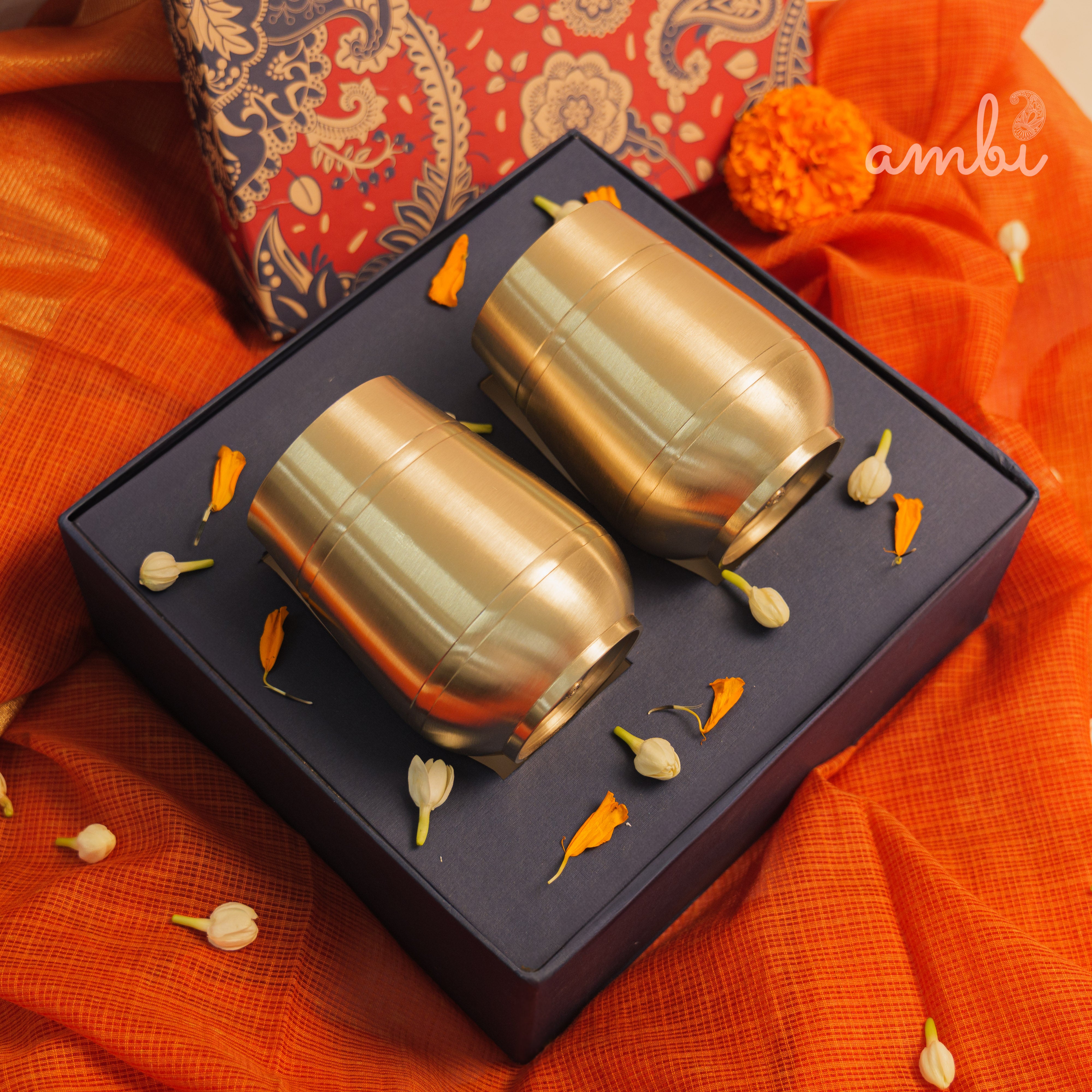Ambi Gift Set of 2 Lead Free 100% Pure Kansa Heavy Damru Glass - 330 ml Each