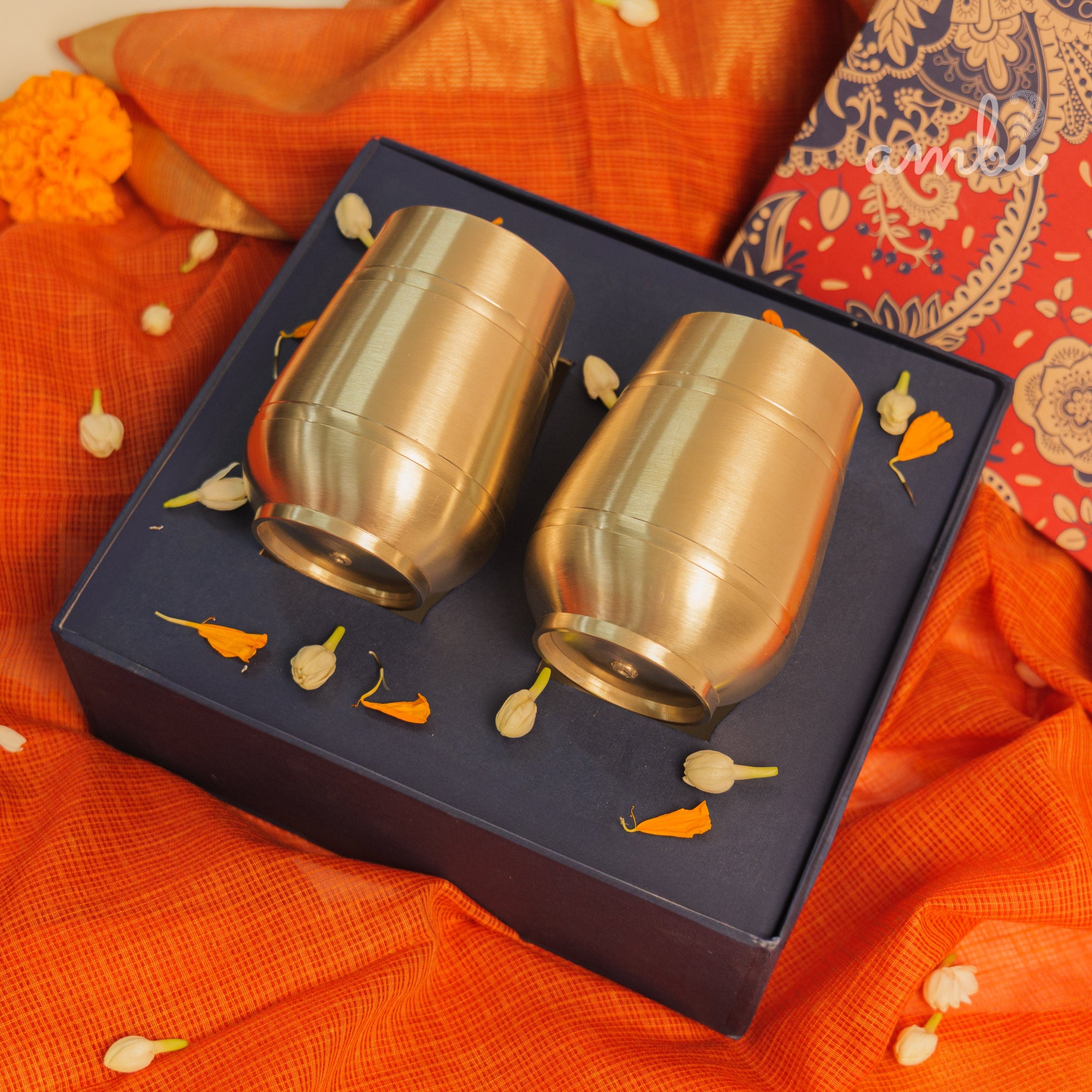 Ambi Gift Set of 2 Lead Free 100% Pure Kansa Heavy Damru Glass - 330 ml Each