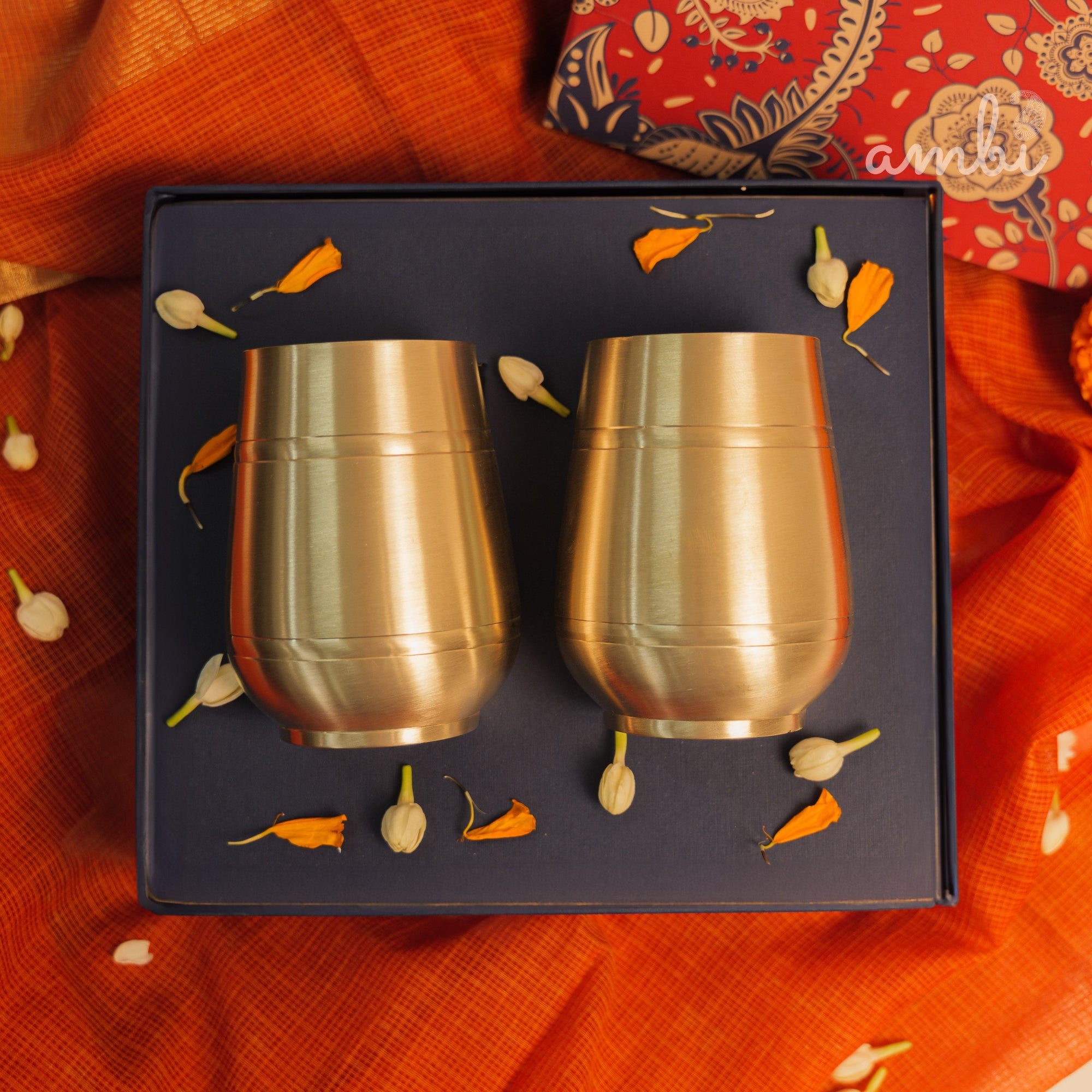 Ambi Gift Set of 2 Lead Free 100% Pure Kansa Heavy Damru Glass - 330 ml Each