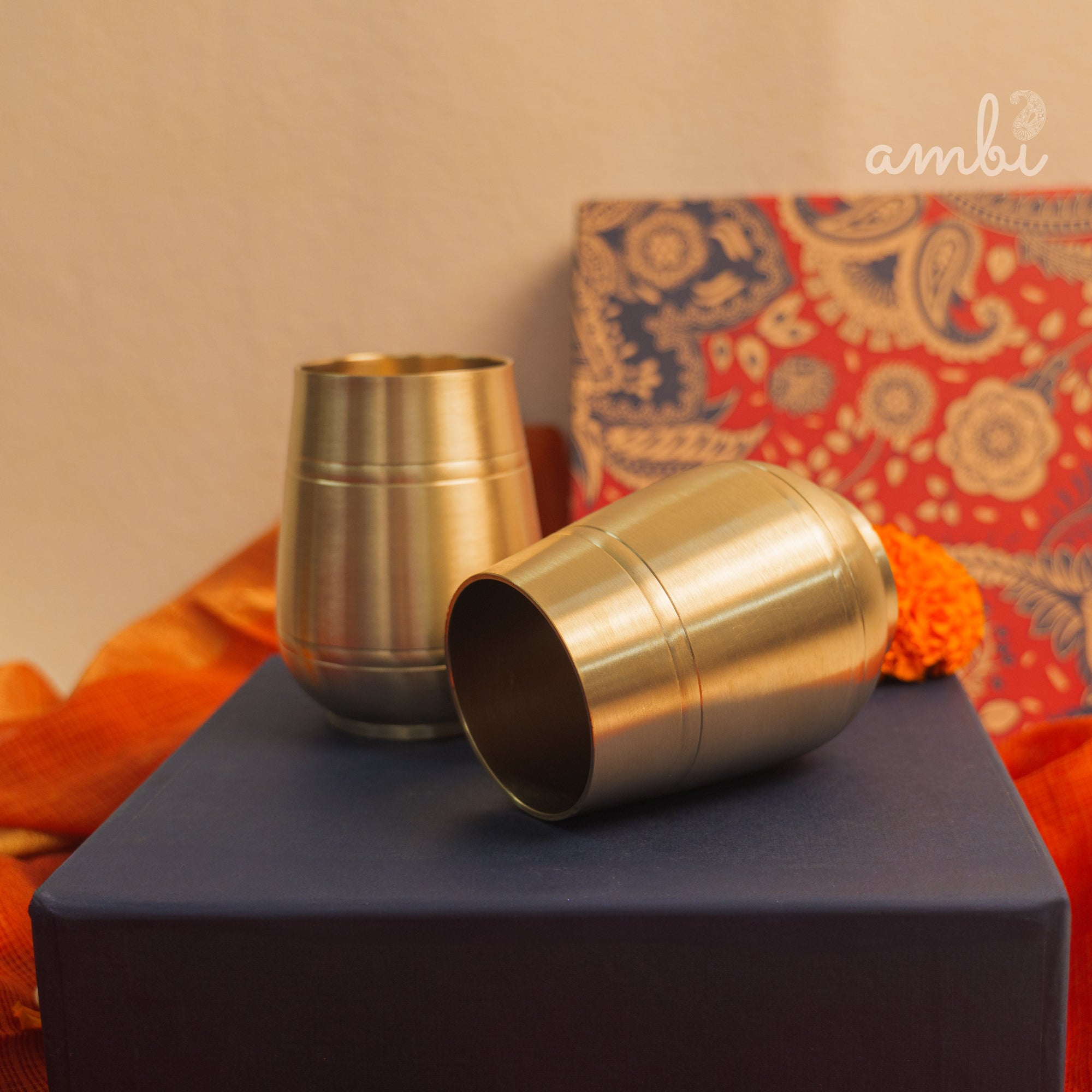 Ambi Gift Set of 2 Lead Free 100% Pure Kansa Heavy Damru Glass - 330 ml Each