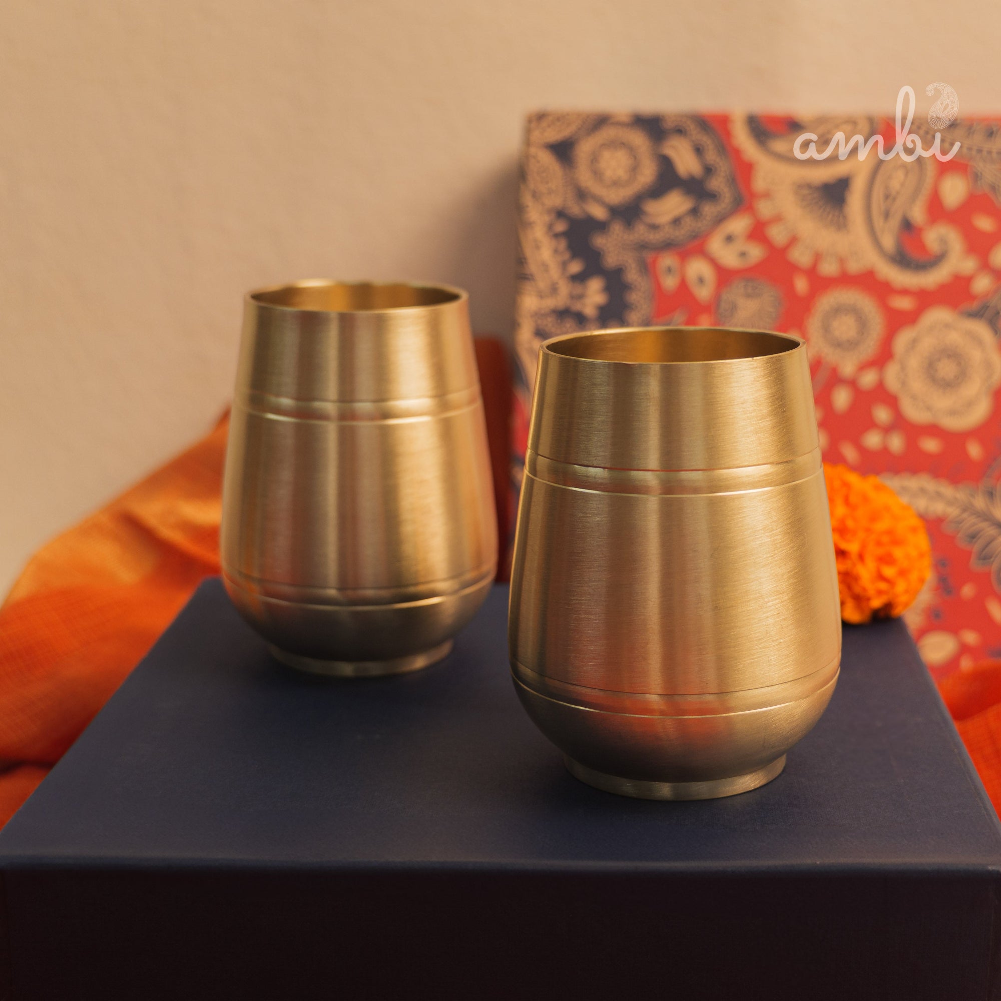 Ambi Gift Set of 2 Lead Free 100% Pure Kansa Heavy Damru Glass - 330 ml Each