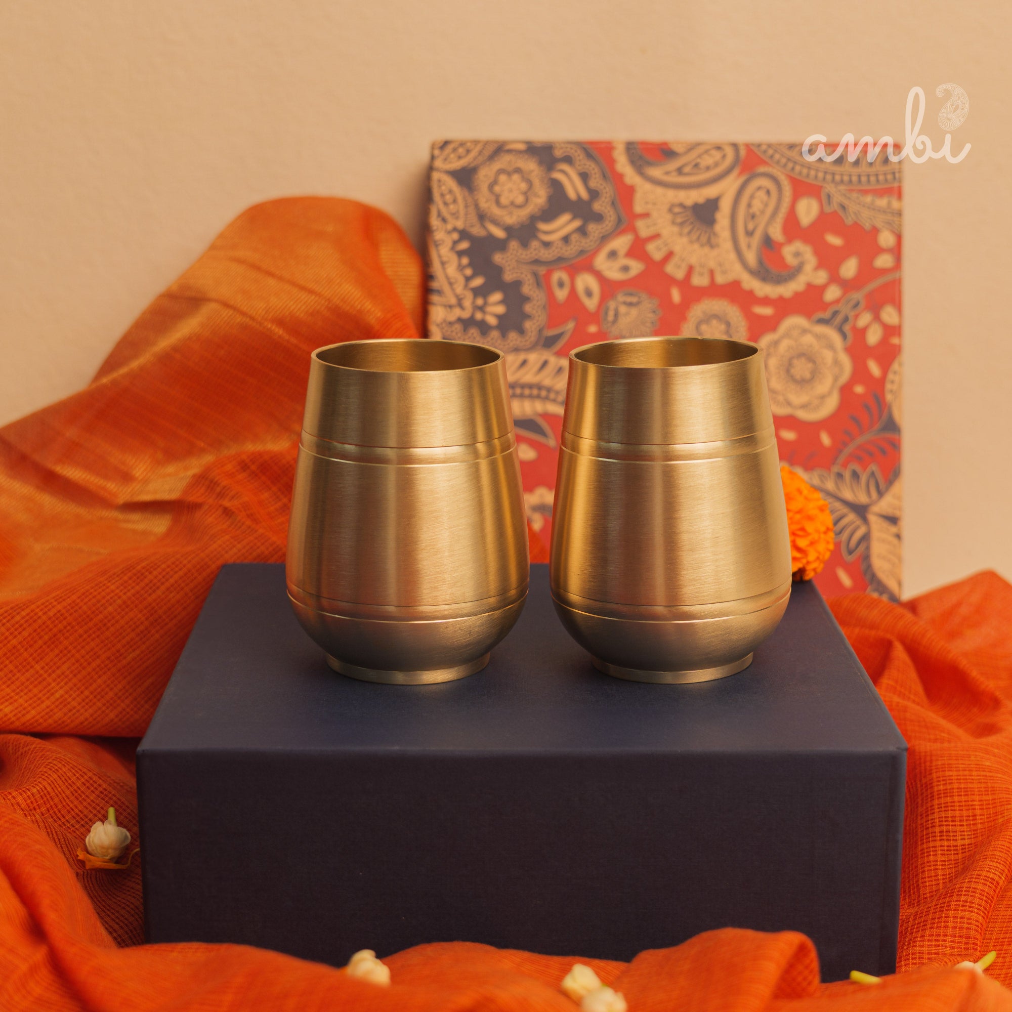 Ambi Gift Set of 2 Lead Free 100% Pure Kansa Heavy Damru Glass - 330 ml Each