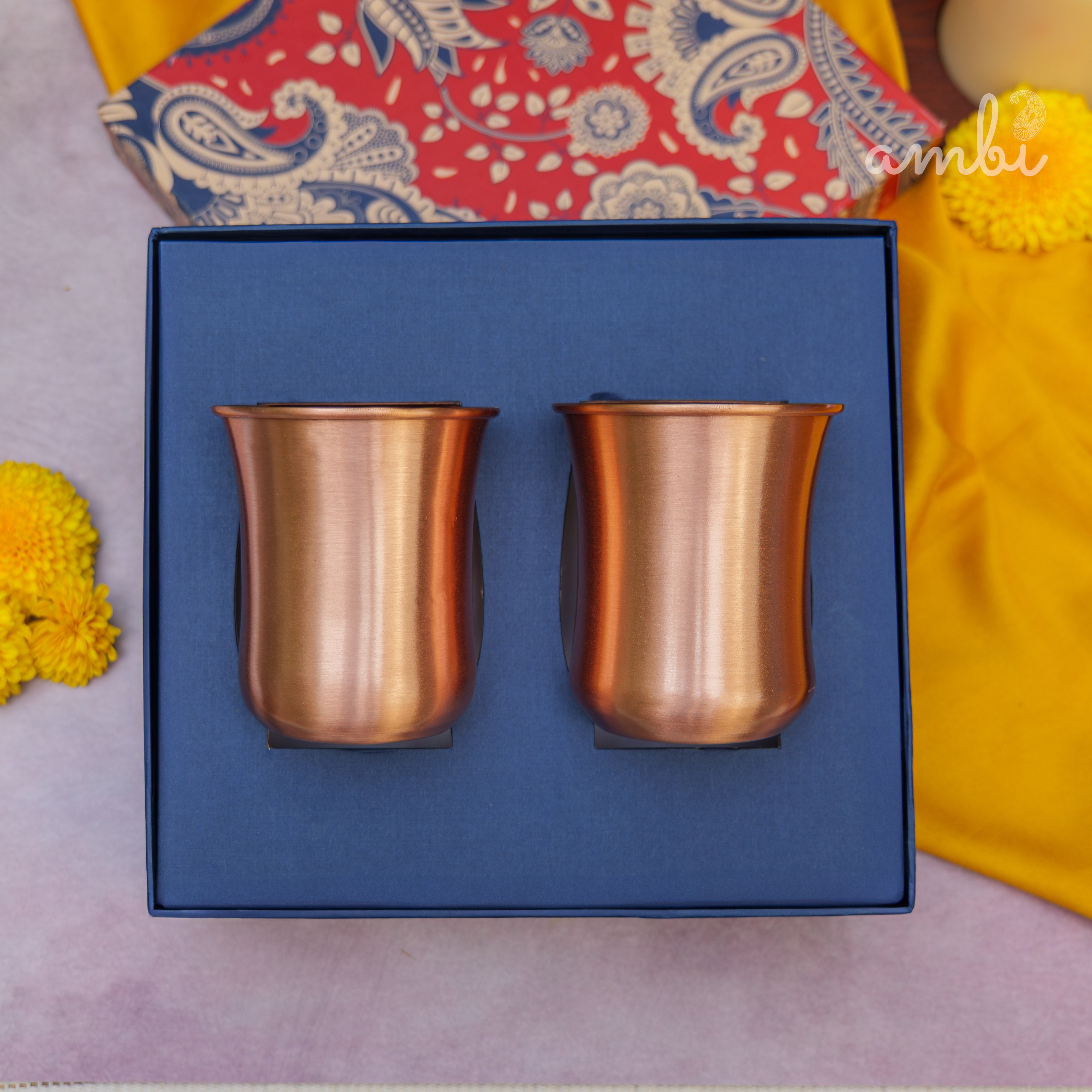 Ambi Gift Set of 100% Pure Copper Elegant Traditional Curve Glass Gift Set - Matt Finish - 300 ML