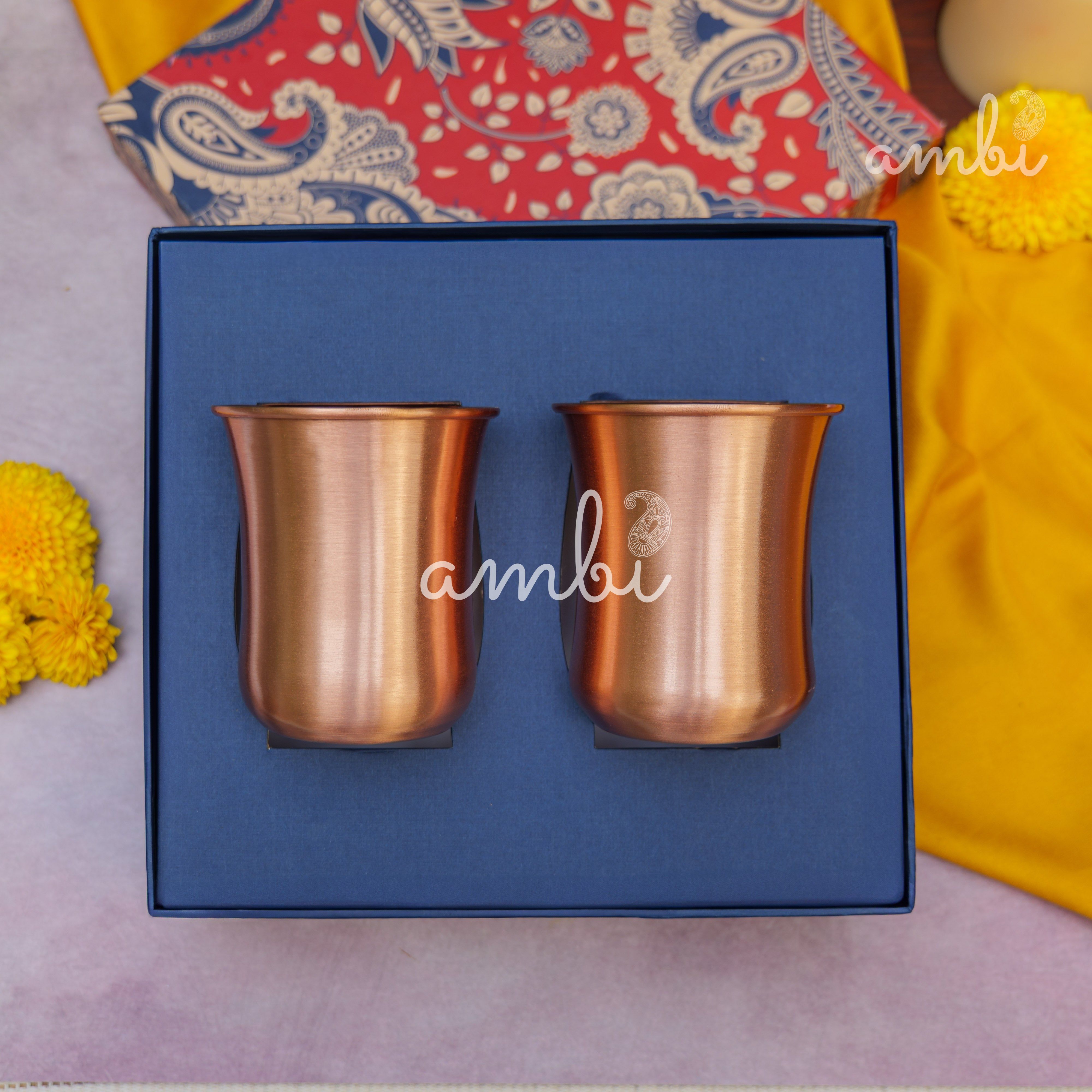 Ambi Gift Set of 100% Pure Copper Elegant Traditional Curve Glass Gift Set - Matt Finish - 300 ML