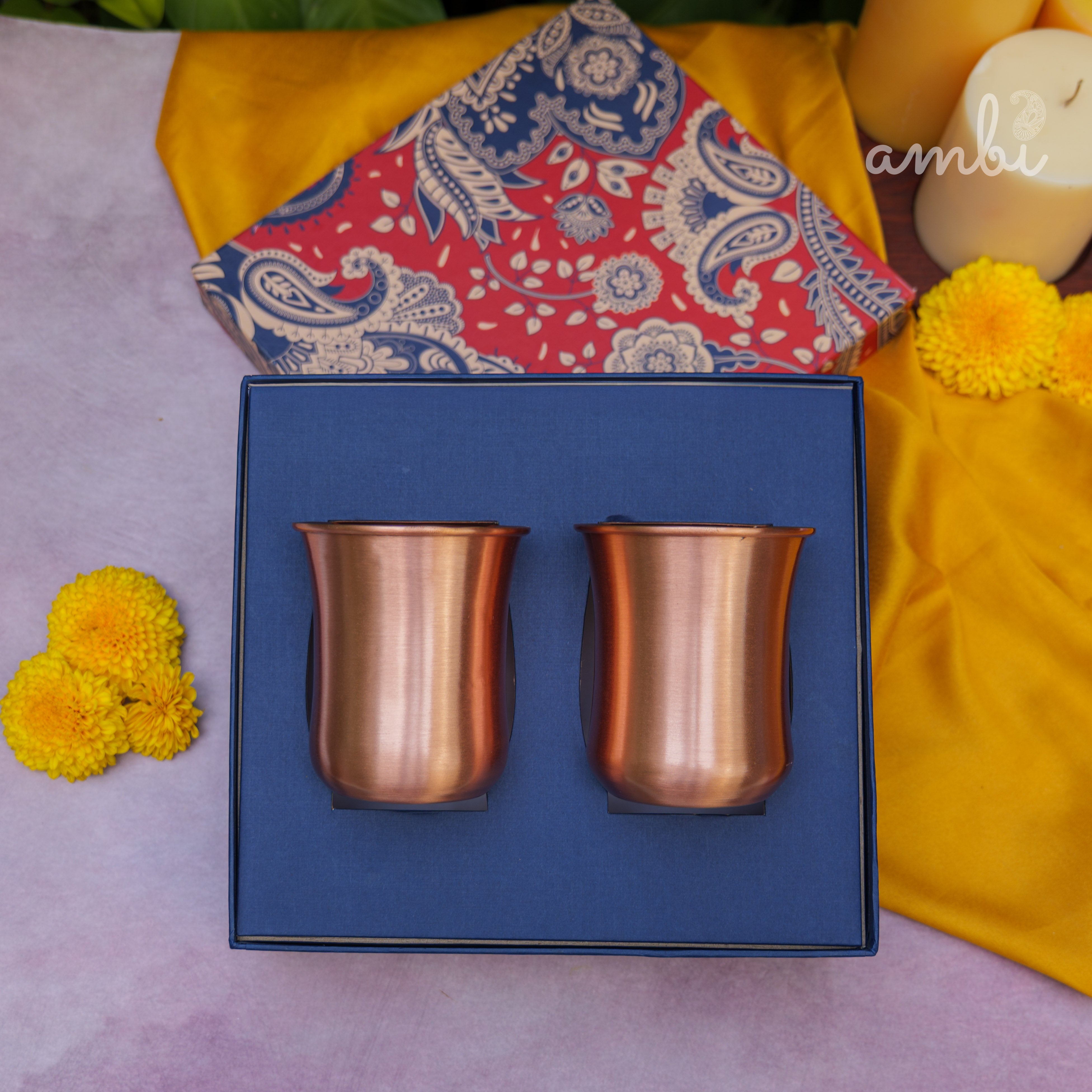 Ambi Gift Set of 100% Pure Copper Elegant Traditional Curve Glass Gift Set - Matt Finish - 300 ML