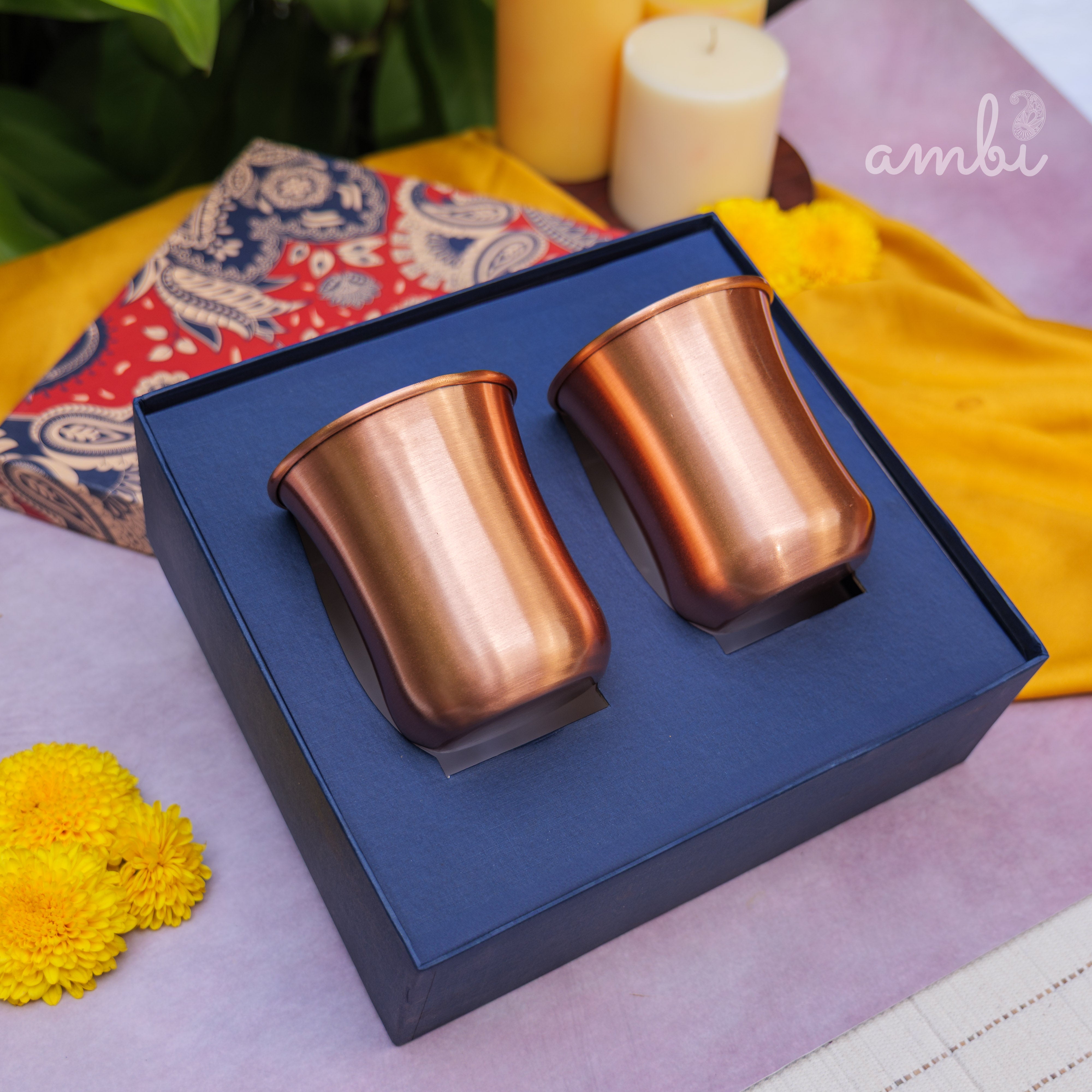 Ambi Gift Set of 100% Pure Copper Elegant Traditional Curve Glass Gift Set - Matt Finish - 300 ML