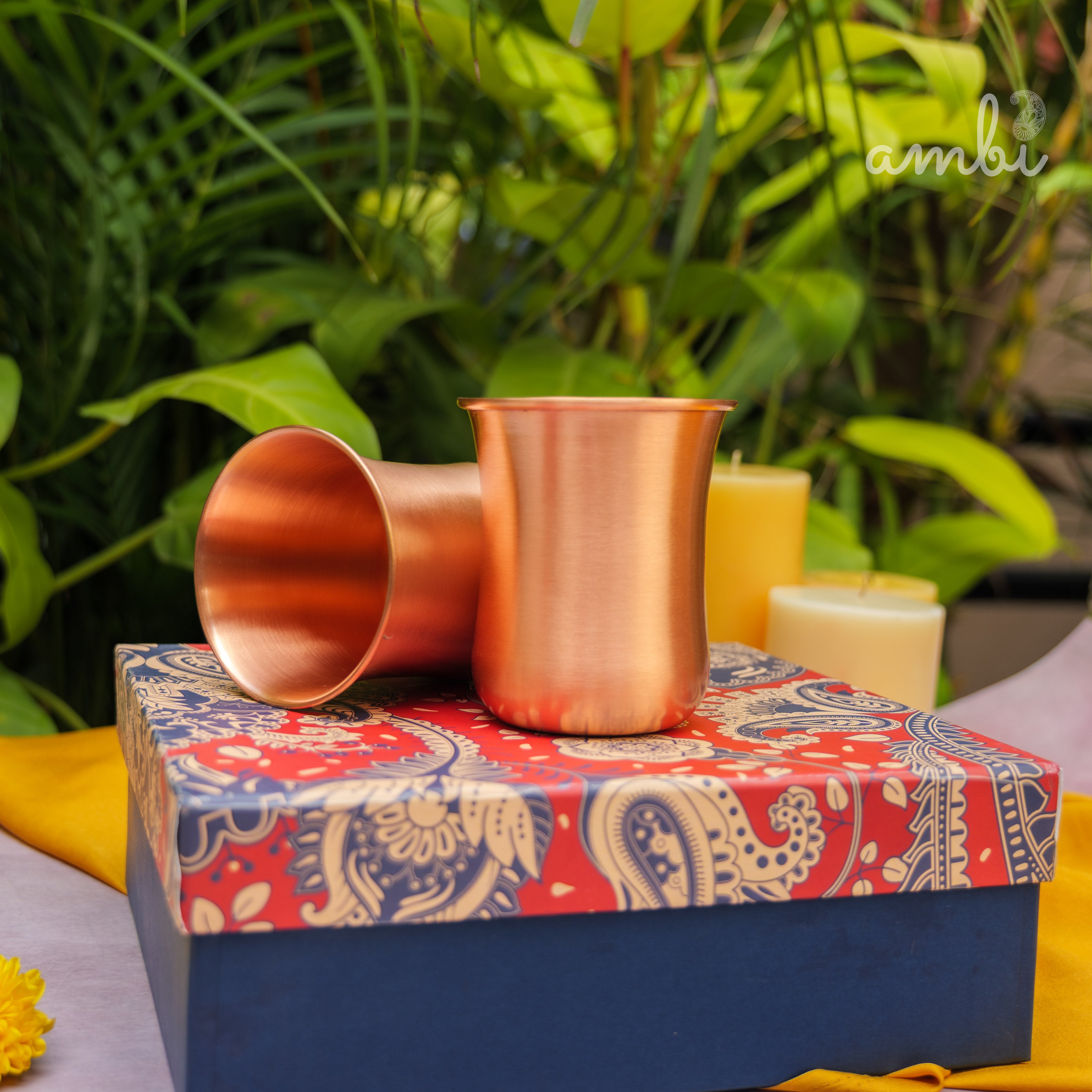Ambi Gift Set of 100% Pure Copper Elegant Traditional Curve Glass Gift Set - Matt Finish - 300 ML