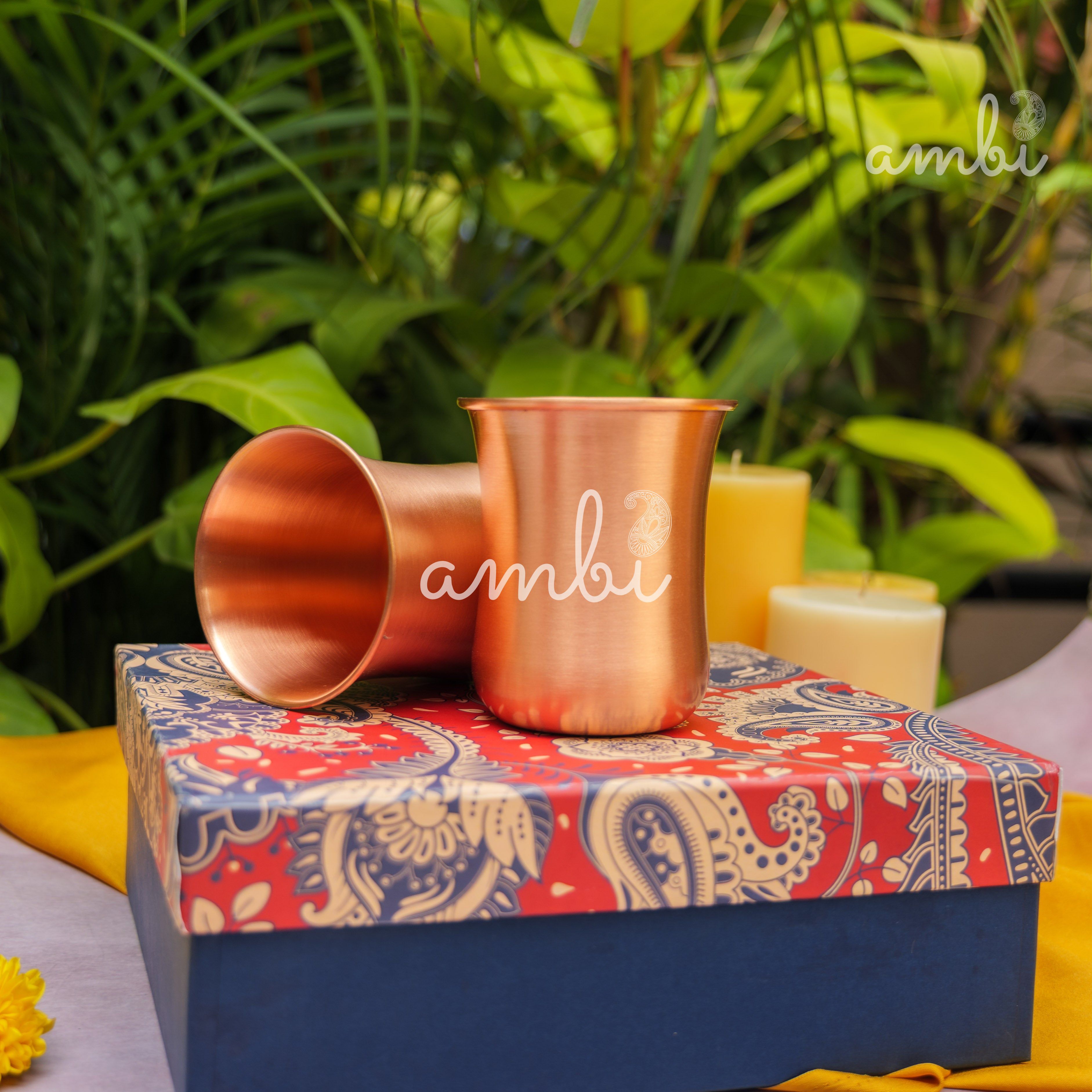 Ambi Gift Set of 100% Pure Copper Elegant Traditional Curve Glass Gift Set - Matt Finish - 300 ML