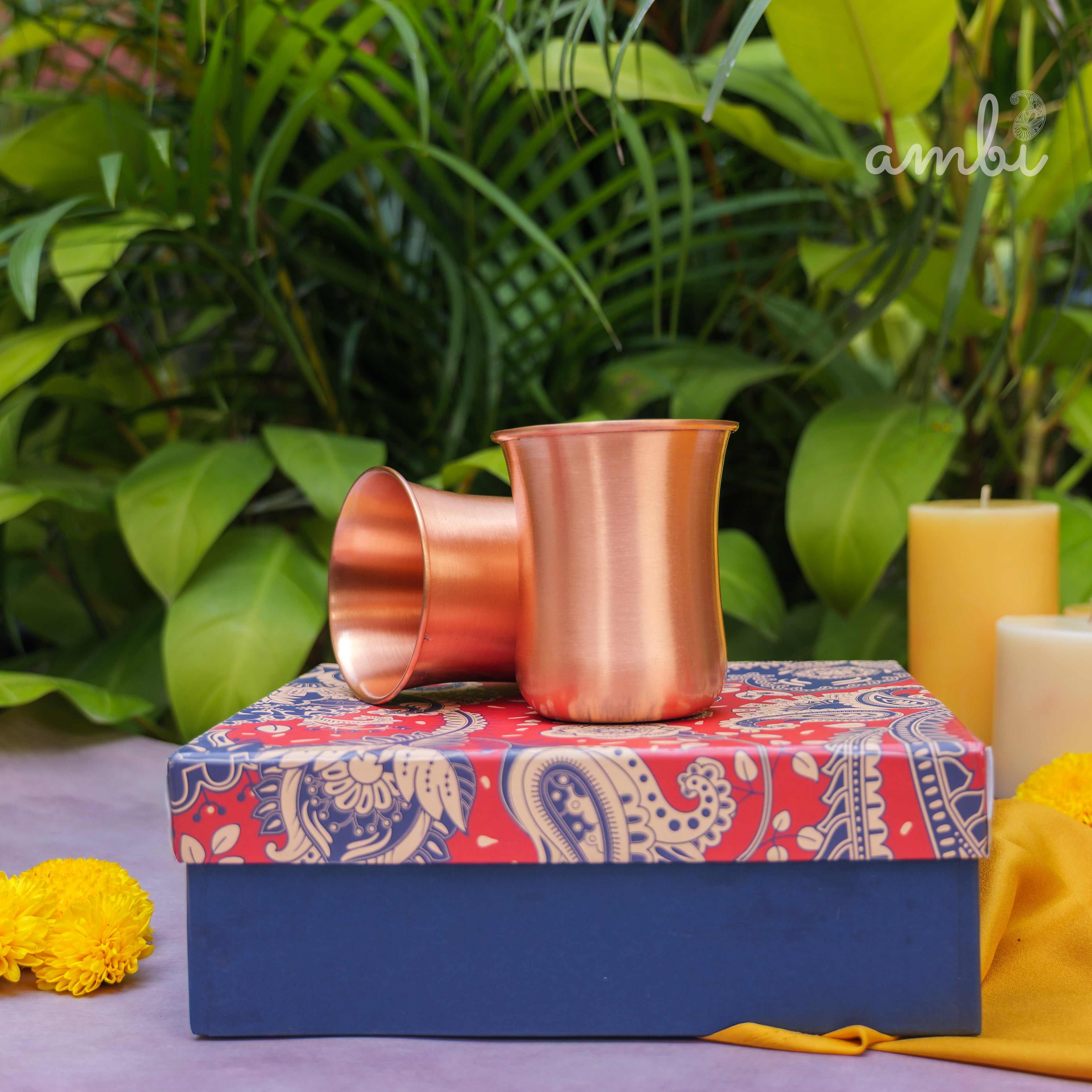 Ambi Gift Set of 100% Pure Copper Elegant Traditional Curve Glass Gift Set - Matt Finish - 300 ML