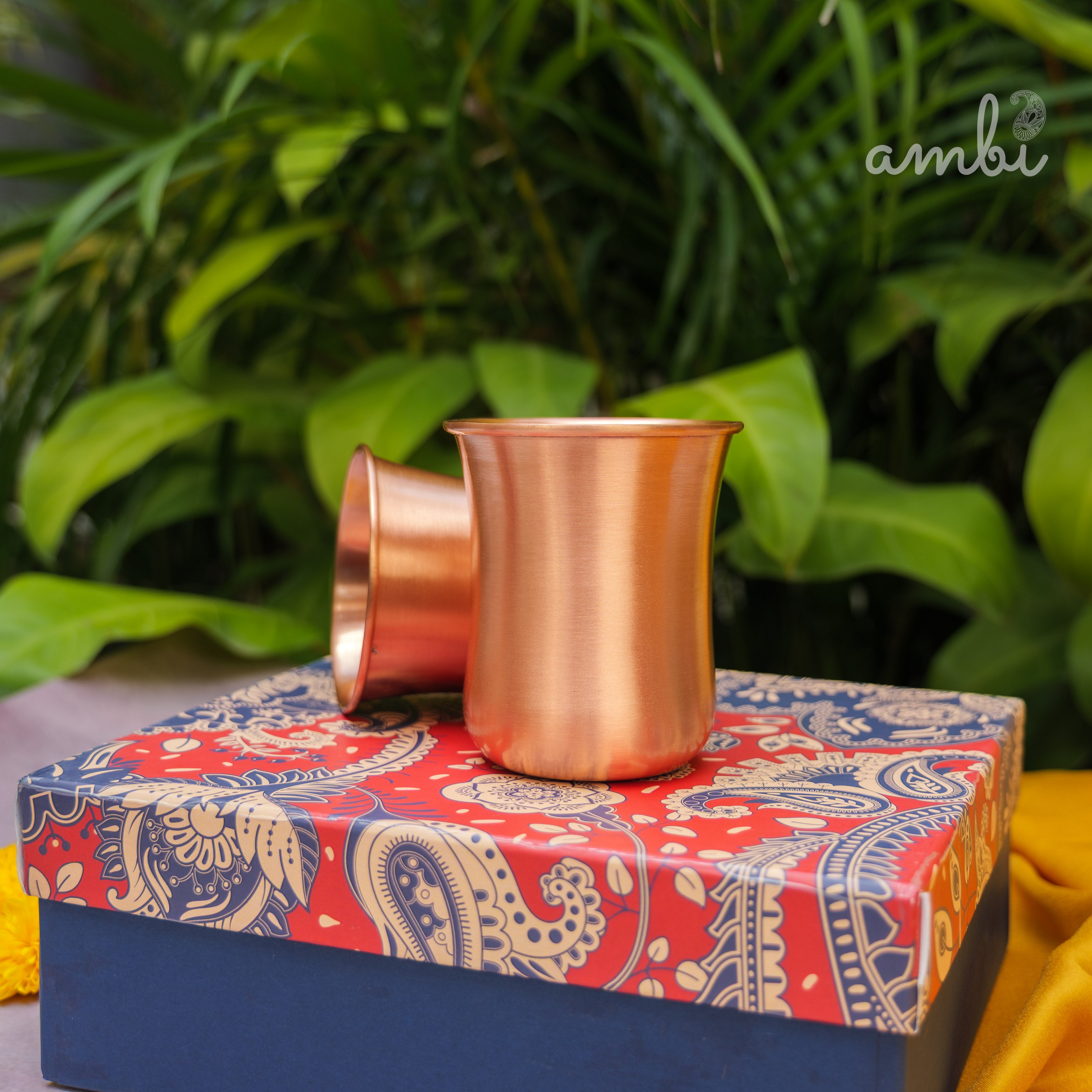 Ambi Gift Set of 100% Pure Copper Elegant Traditional Curve Glass Gift Set - Matt Finish - 300 ML
