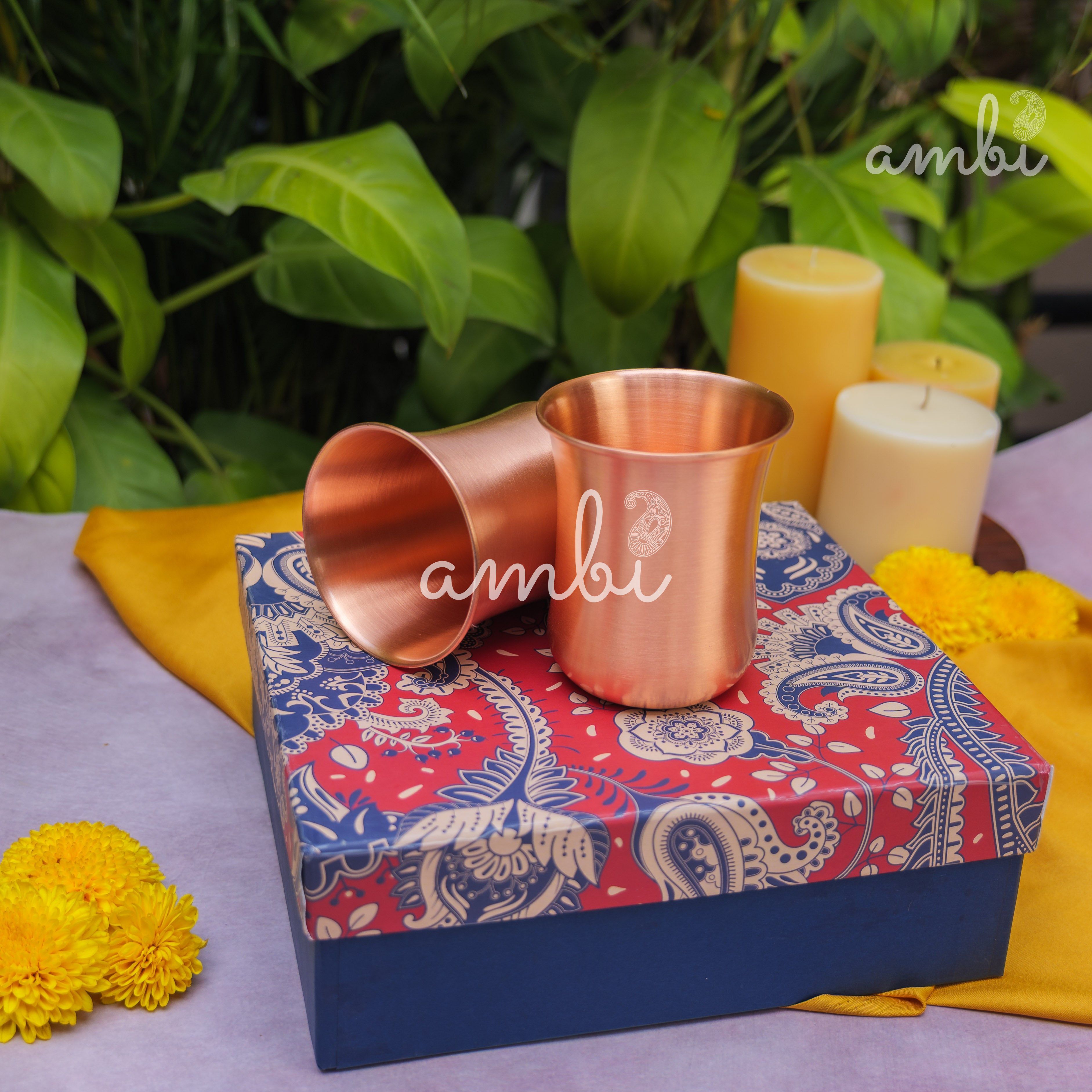 Ambi Gift Set of 100% Pure Copper Elegant Traditional Curve Glass Gift Set - Matt Finish - 300 ML