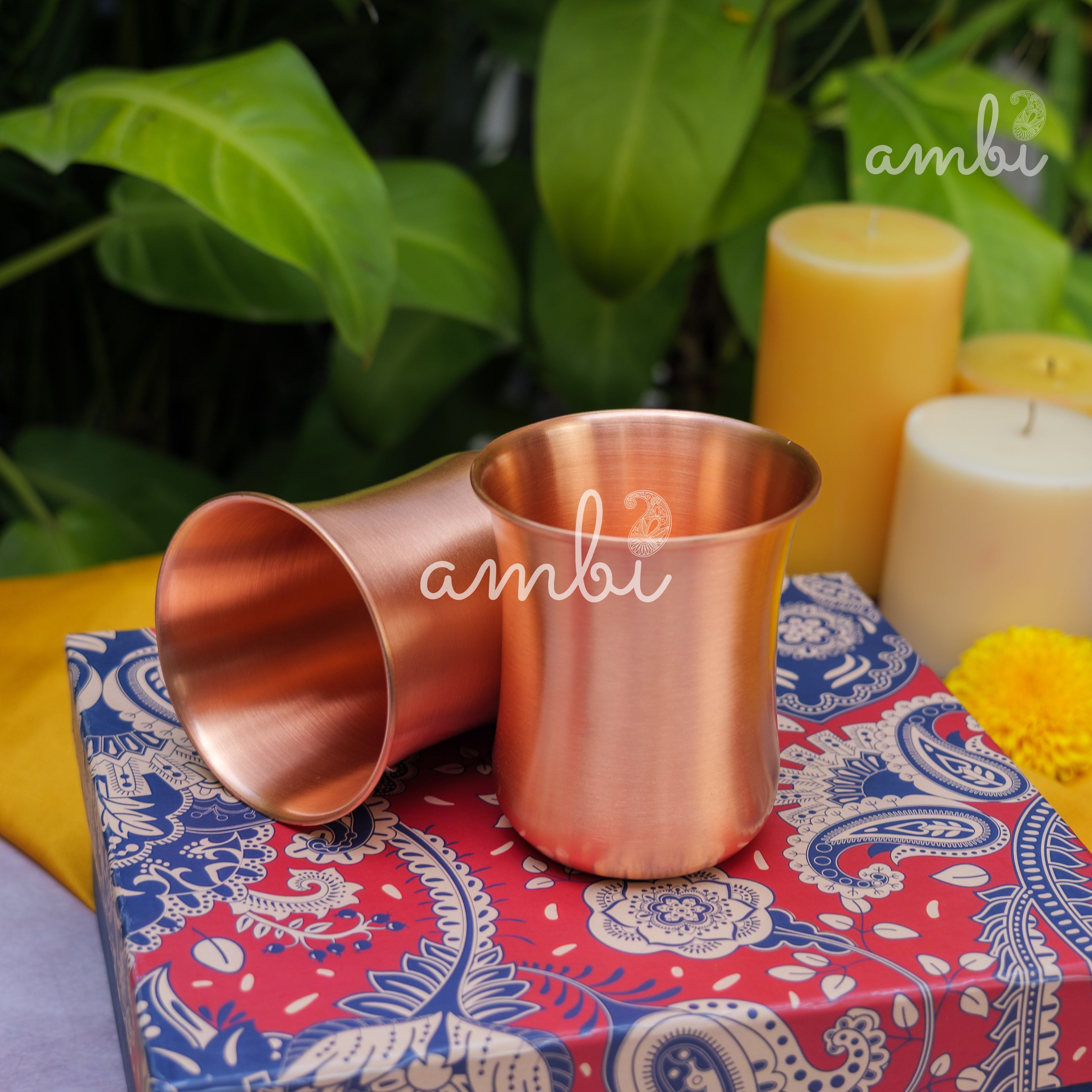 Ambi Gift Set of 100% Pure Copper Elegant Traditional Curve Glass Gift Set - Matt Finish - 300 ML