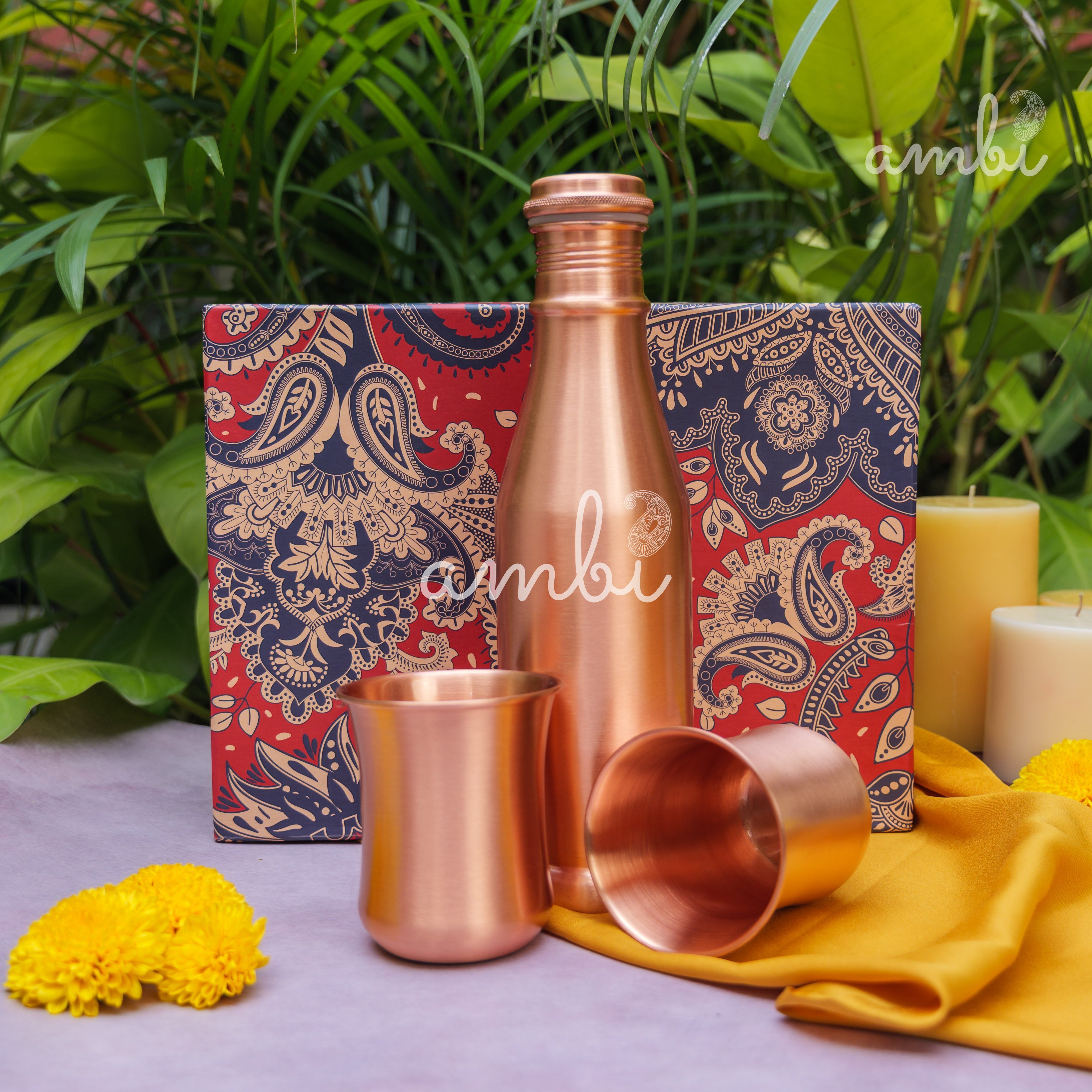 Ambi Pure Copper Bottle & Glass Set with Gift Box – Traditional Elegance (1 Bottle + 2 Glasses)
