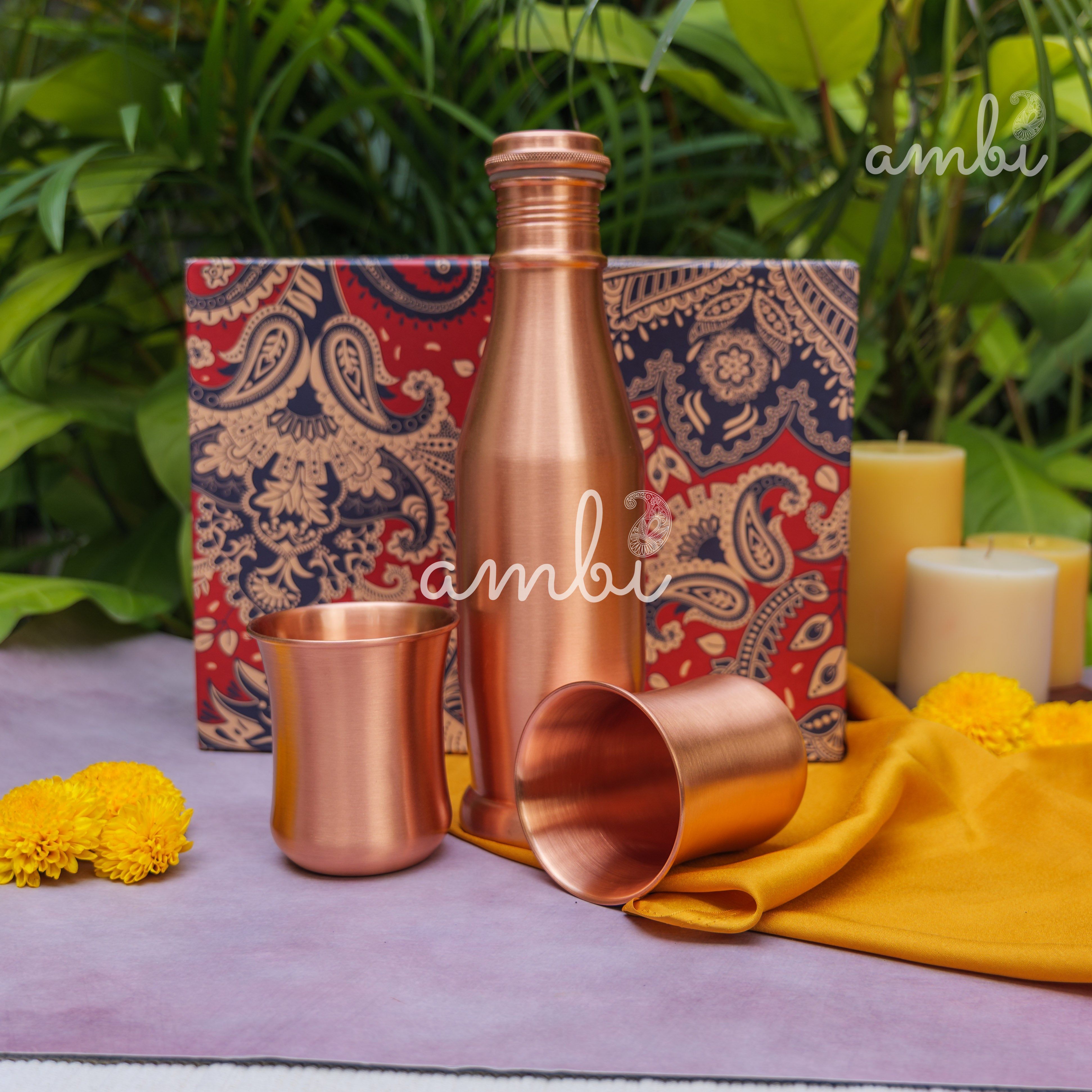 Ambi Pure Copper Bottle & Glass Set with Gift Box – Traditional Elegance (1 Bottle + 2 Glasses)