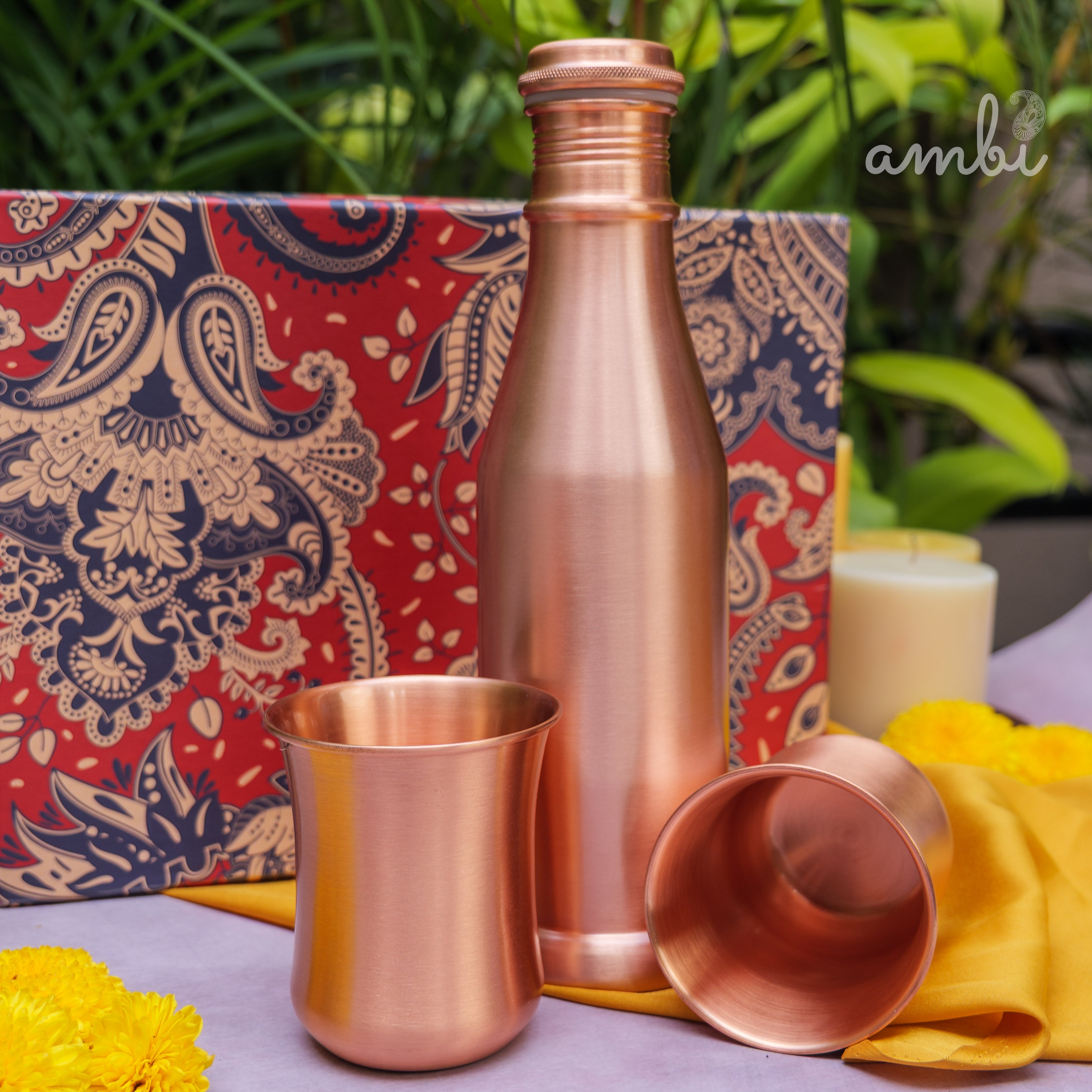 Ambi Pure Copper Bottle & Glass Set with Gift Box – Traditional Elegance (1 Bottle + 2 Glasses)