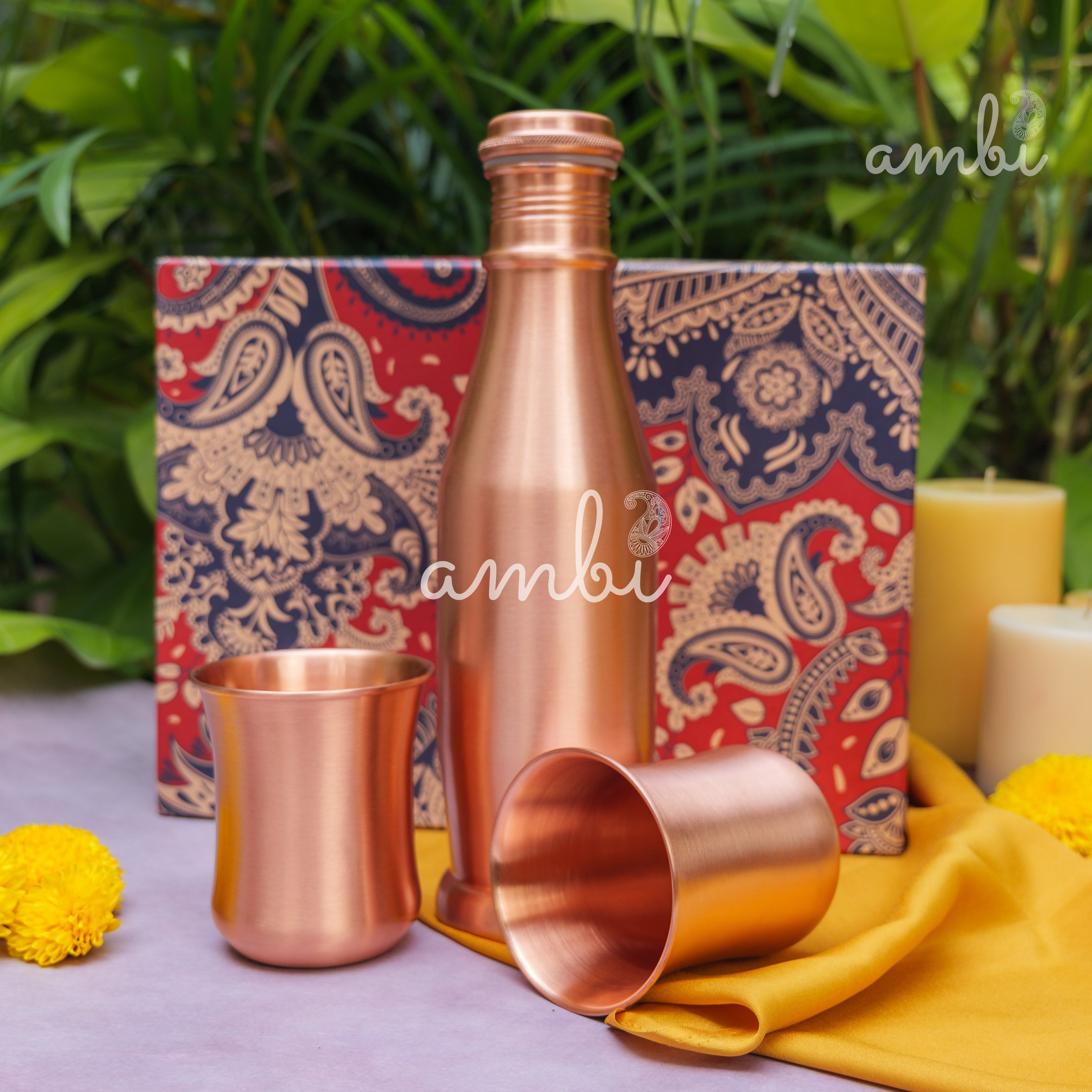 Ambi Pure Copper Bottle & Glass Set with Gift Box – Traditional Elegance (1 Bottle + 2 Glasses)
