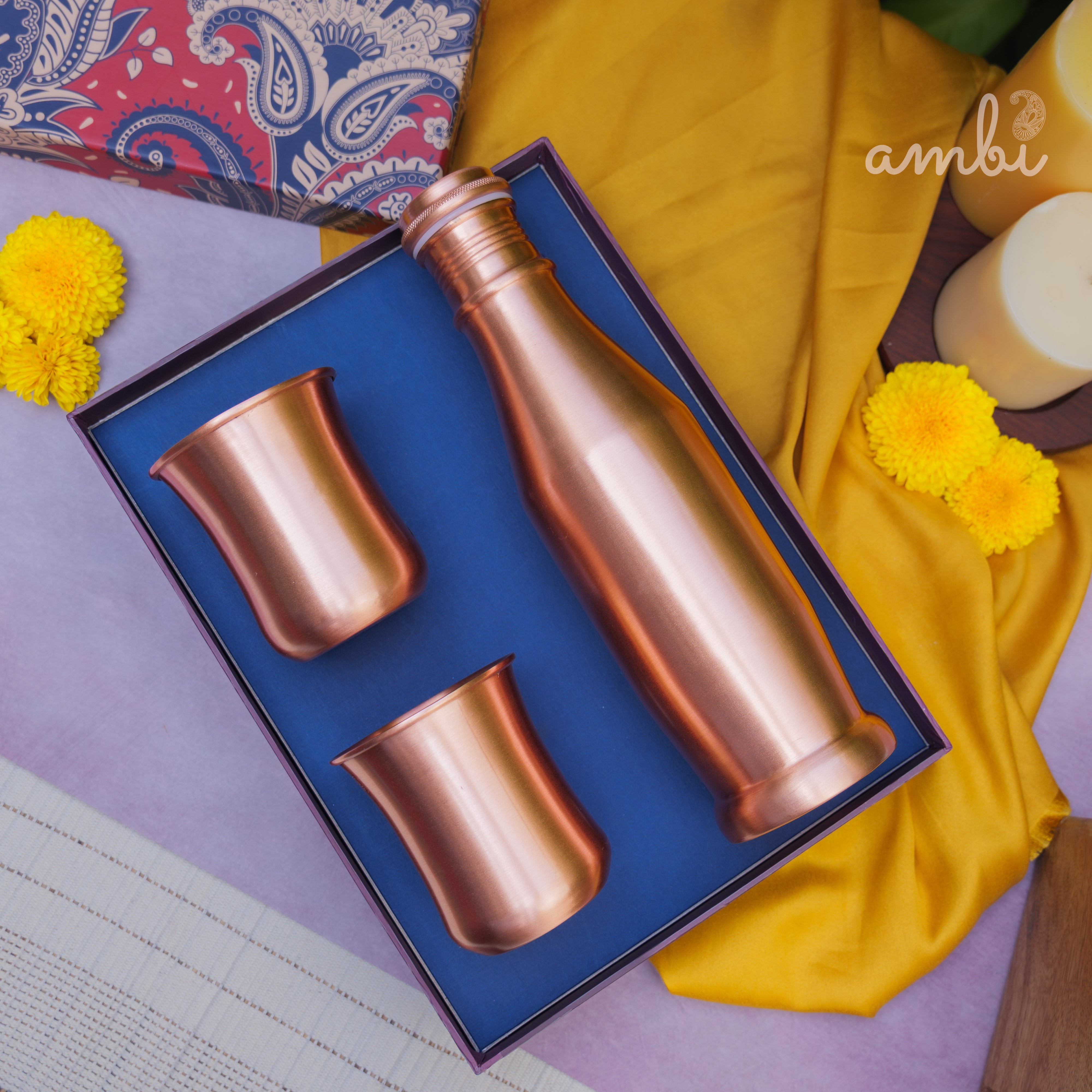 Ambi Pure Copper Bottle & Glass Set with Gift Box – Traditional Elegance (1 Bottle + 2 Glasses)